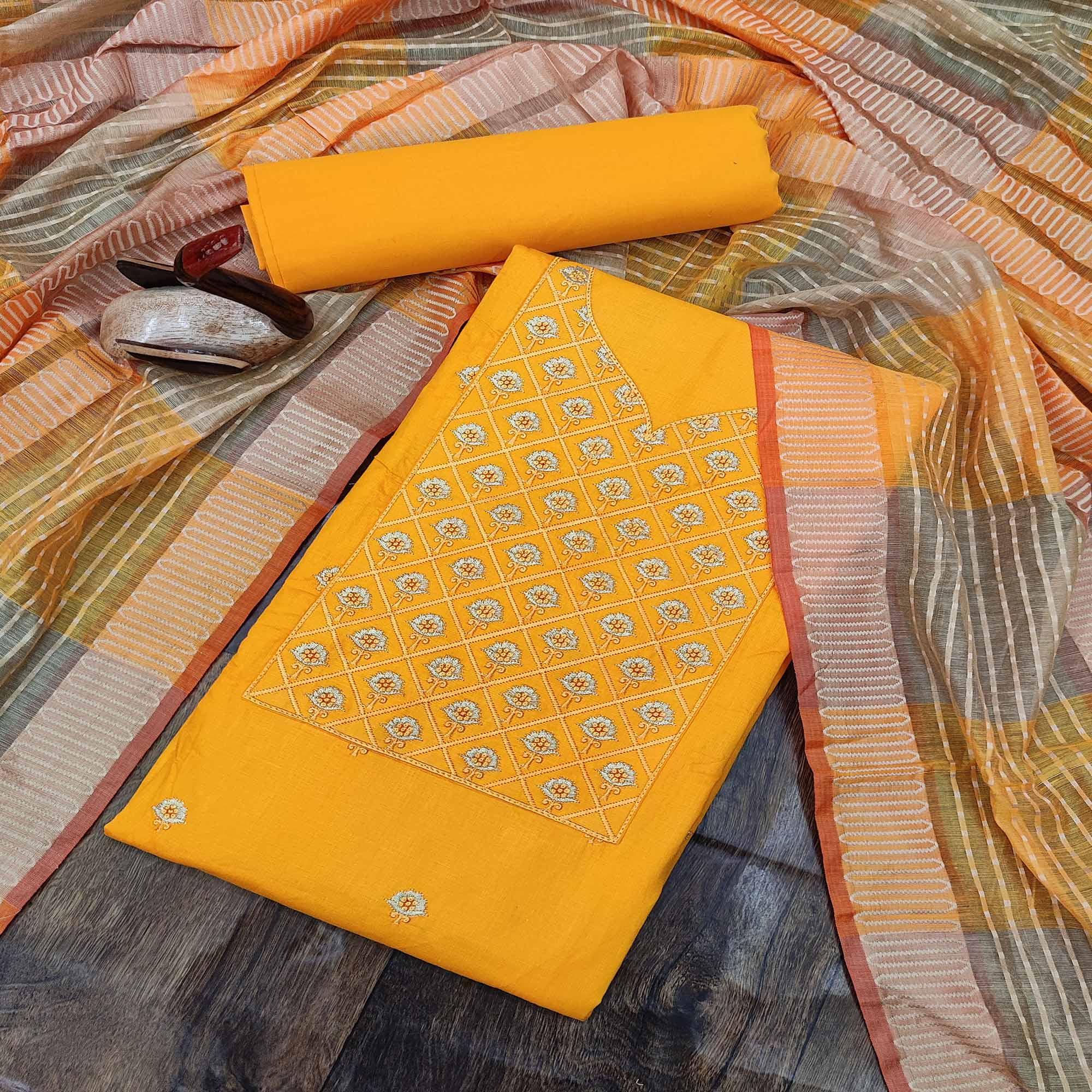 Yellow Casual Wear Embroidered Cotton Dress Material - Peachmode