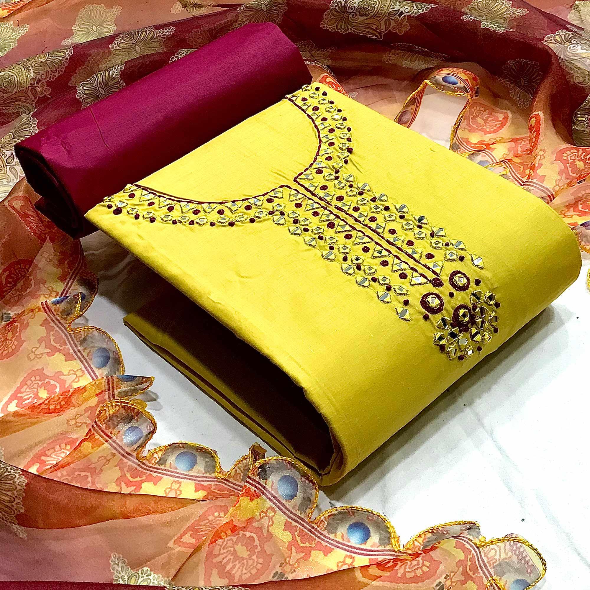 Yellow Casual Wear Embroidered Cotton Dress Material - Peachmode