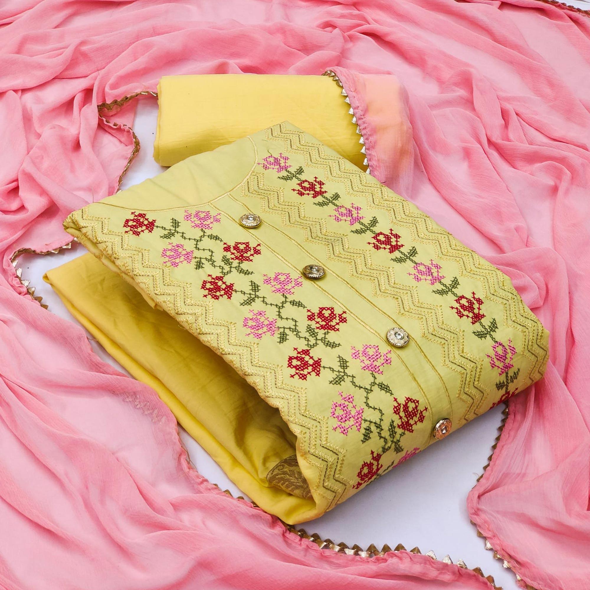 Yellow Casual Wear Embroidered Cotton Dress Material - Peachmode