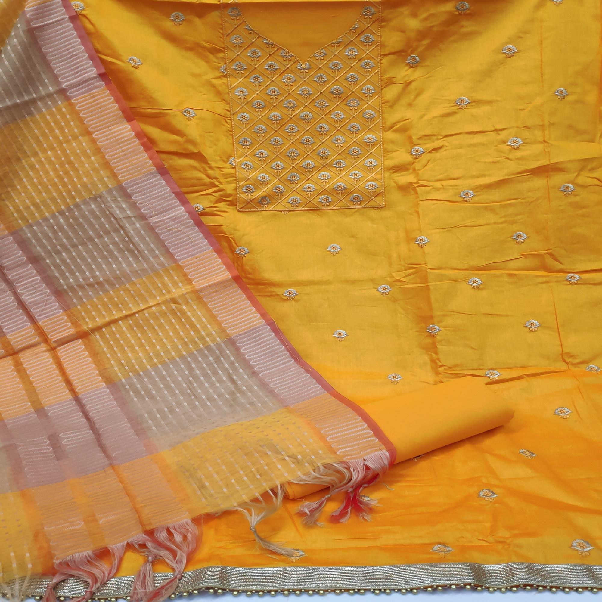 Yellow Casual Wear Embroidered Cotton Dress Material - Peachmode