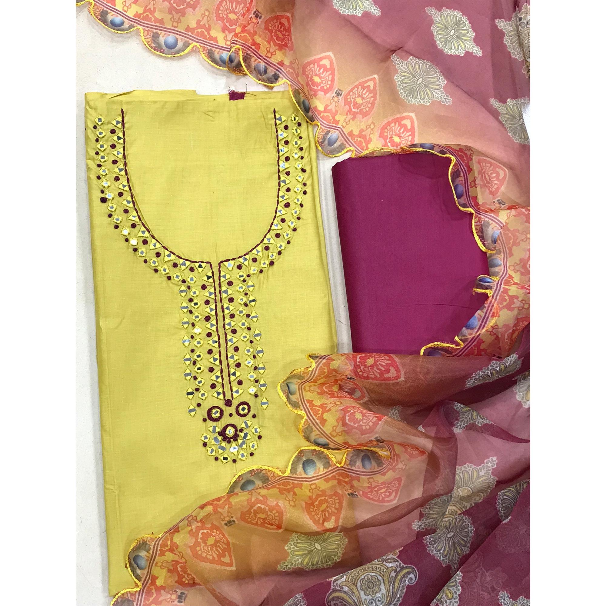 Yellow Casual Wear Embroidered Cotton Dress Material - Peachmode