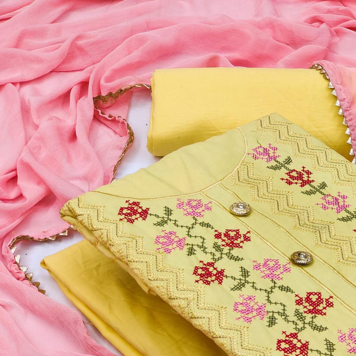 Yellow Casual Wear Embroidered Cotton Dress Material - Peachmode