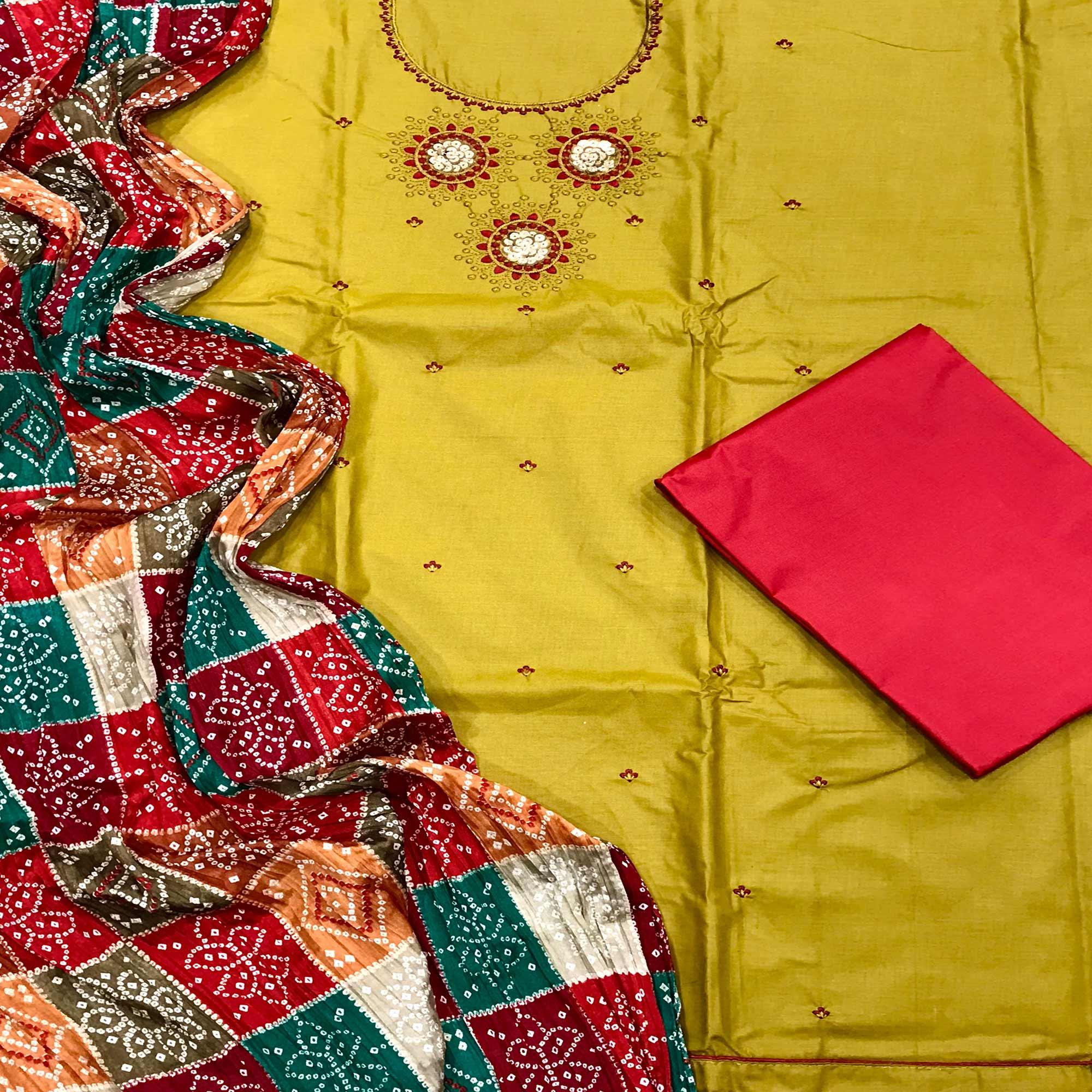 Yellow Casual Wear Embroidered Cotton Dress Material - Peachmode