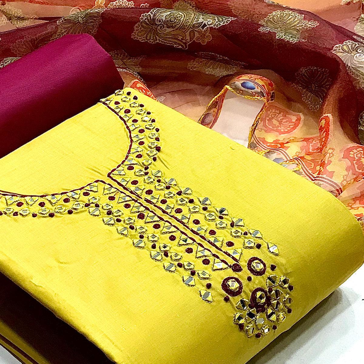 Yellow Casual Wear Embroidered Cotton Dress Material - Peachmode