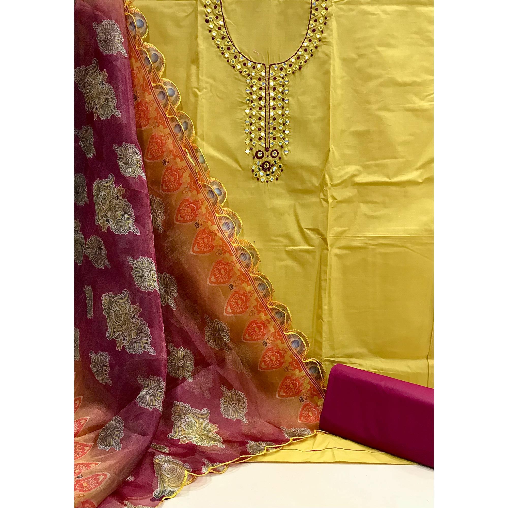 Yellow Casual Wear Embroidered Cotton Dress Material - Peachmode