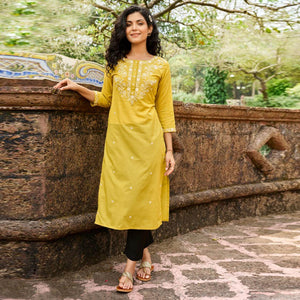 Yellow Casual Wear Embroidered Cotton Kurti - Peachmode