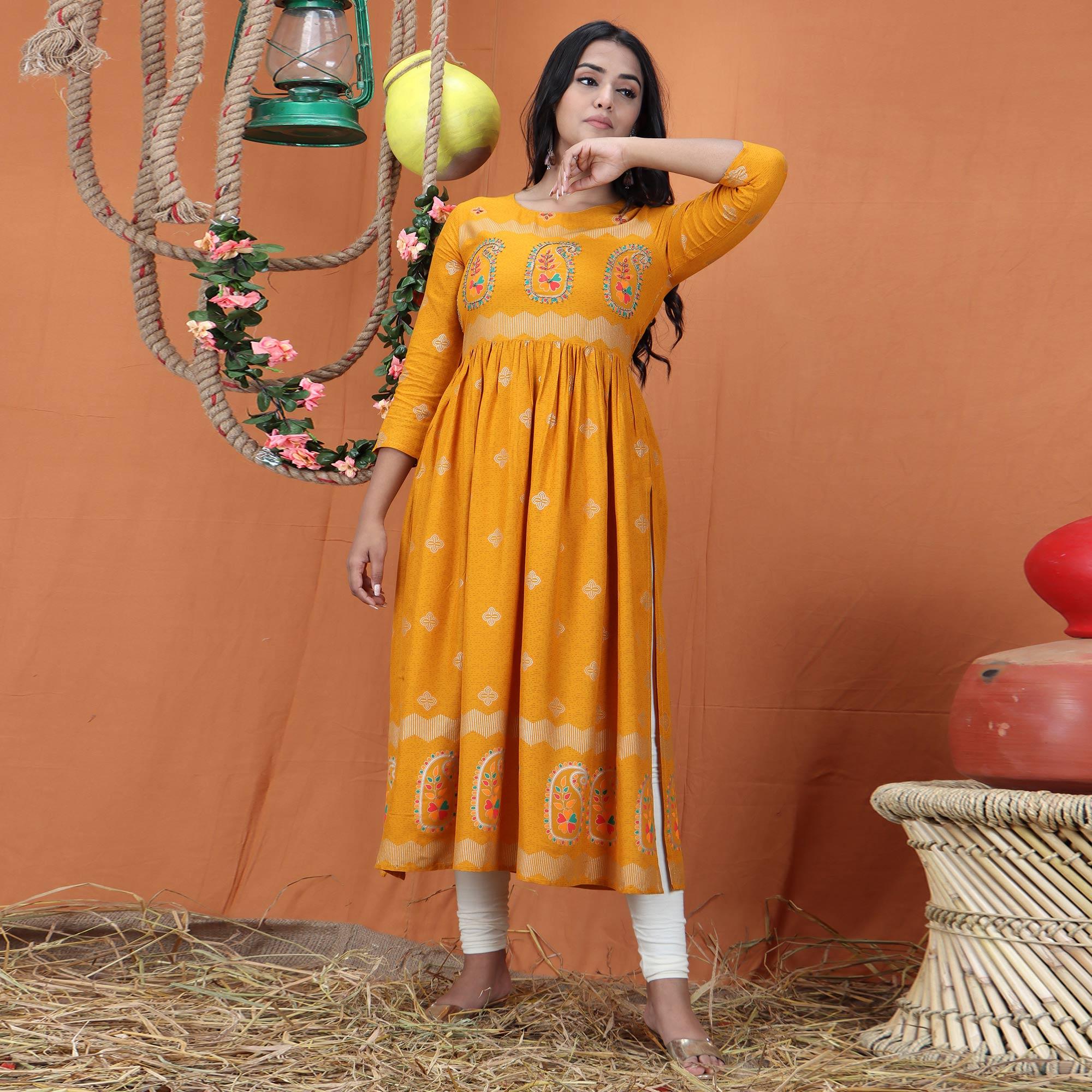 Yellow Casual Wear Embroidered Cotton Long Kurti - Peachmode