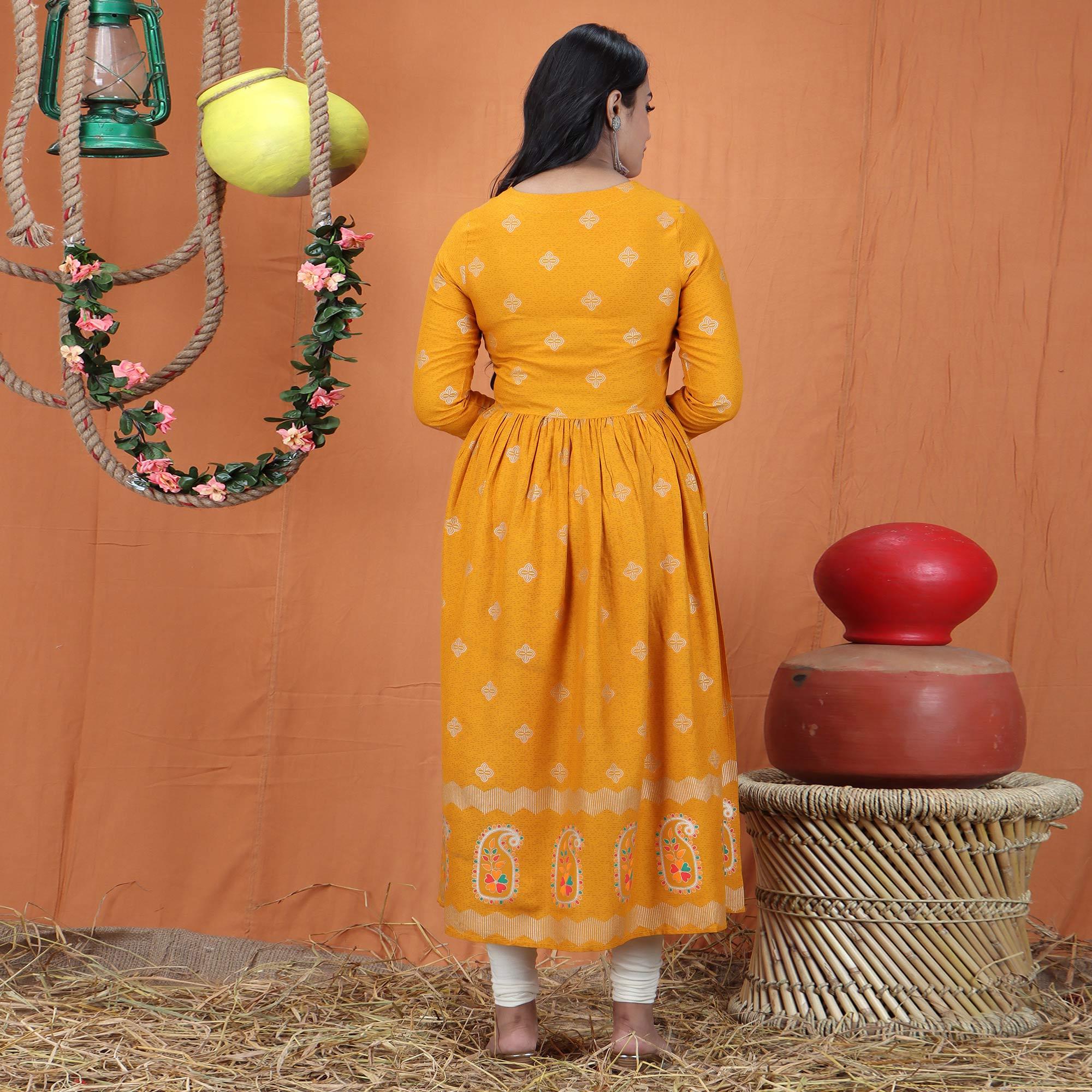 Yellow Casual Wear Embroidered Cotton Long Kurti - Peachmode