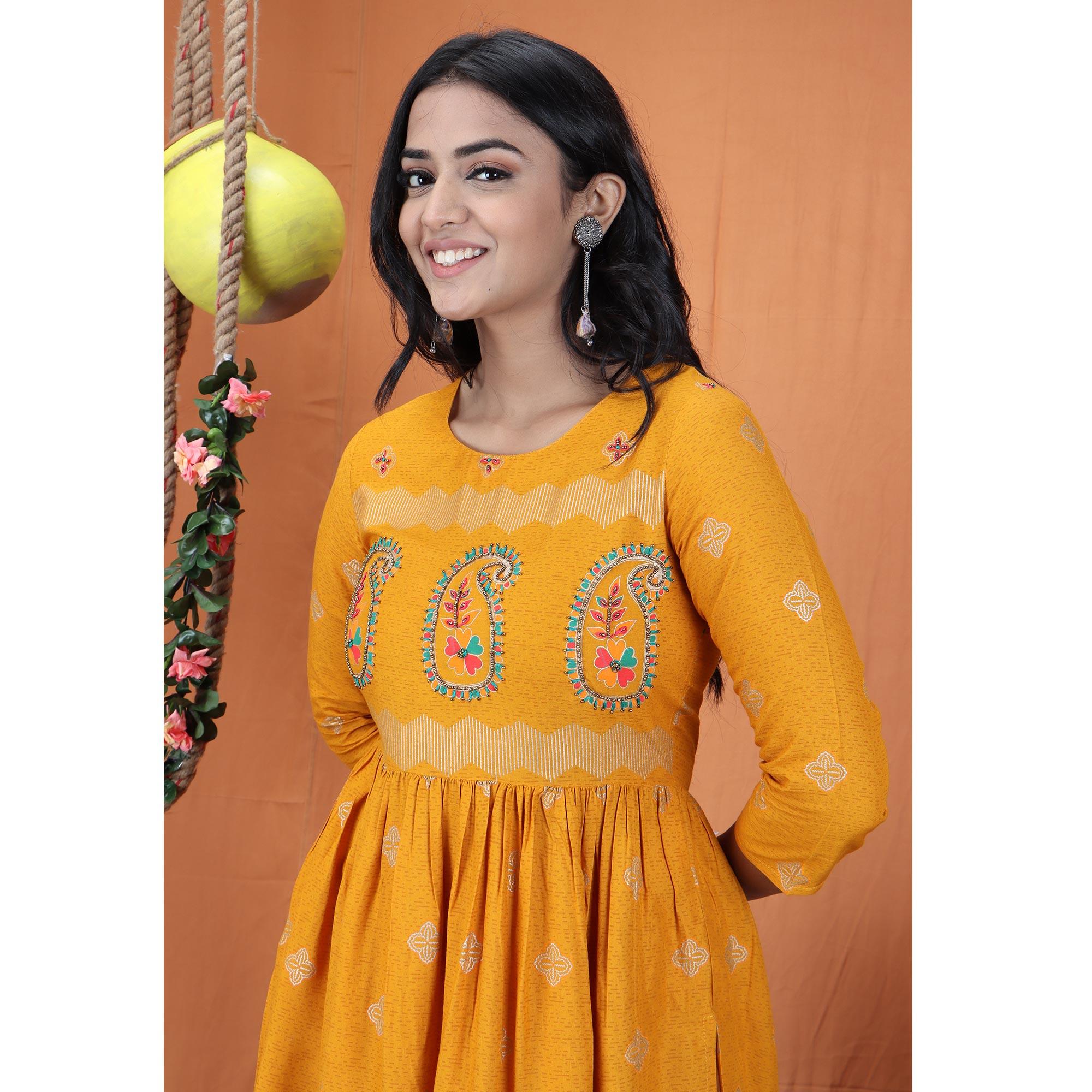Yellow Casual Wear Embroidered Cotton Long Kurti - Peachmode