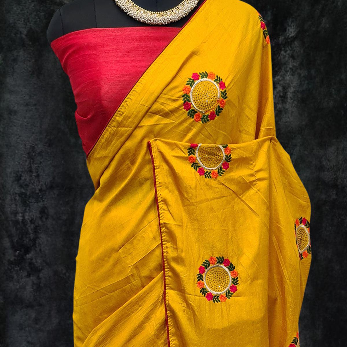 Yellow Casual Wear Embroidered Dola Silk Saree - Peachmode