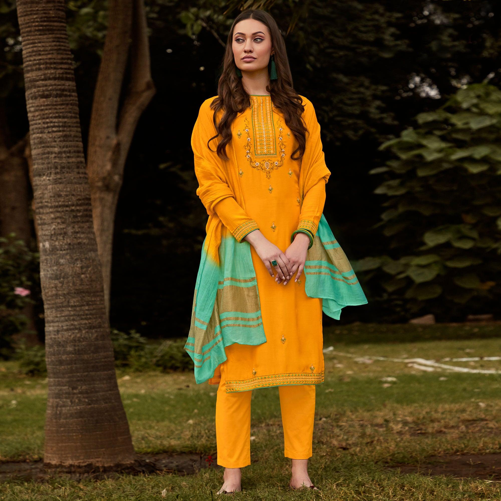 Yellow Casual Wear Embroidered Georgette Suit - Peachmode