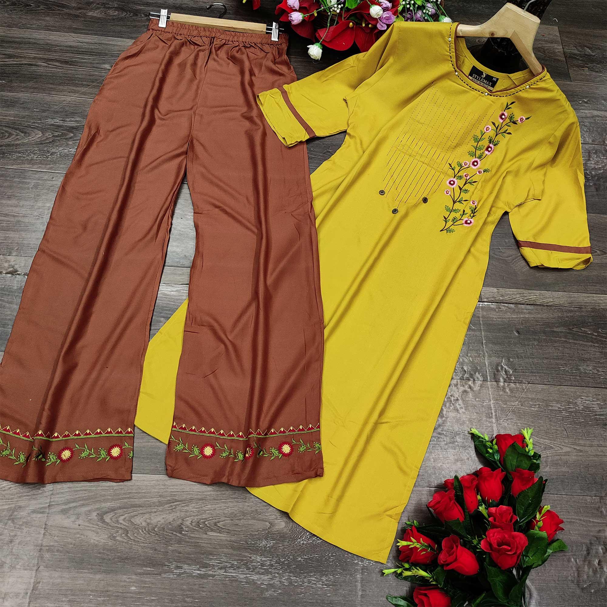 Yellow Casual Wear Embroidered Heavy Rayon Kurti - Palazzo Set - Peachmode