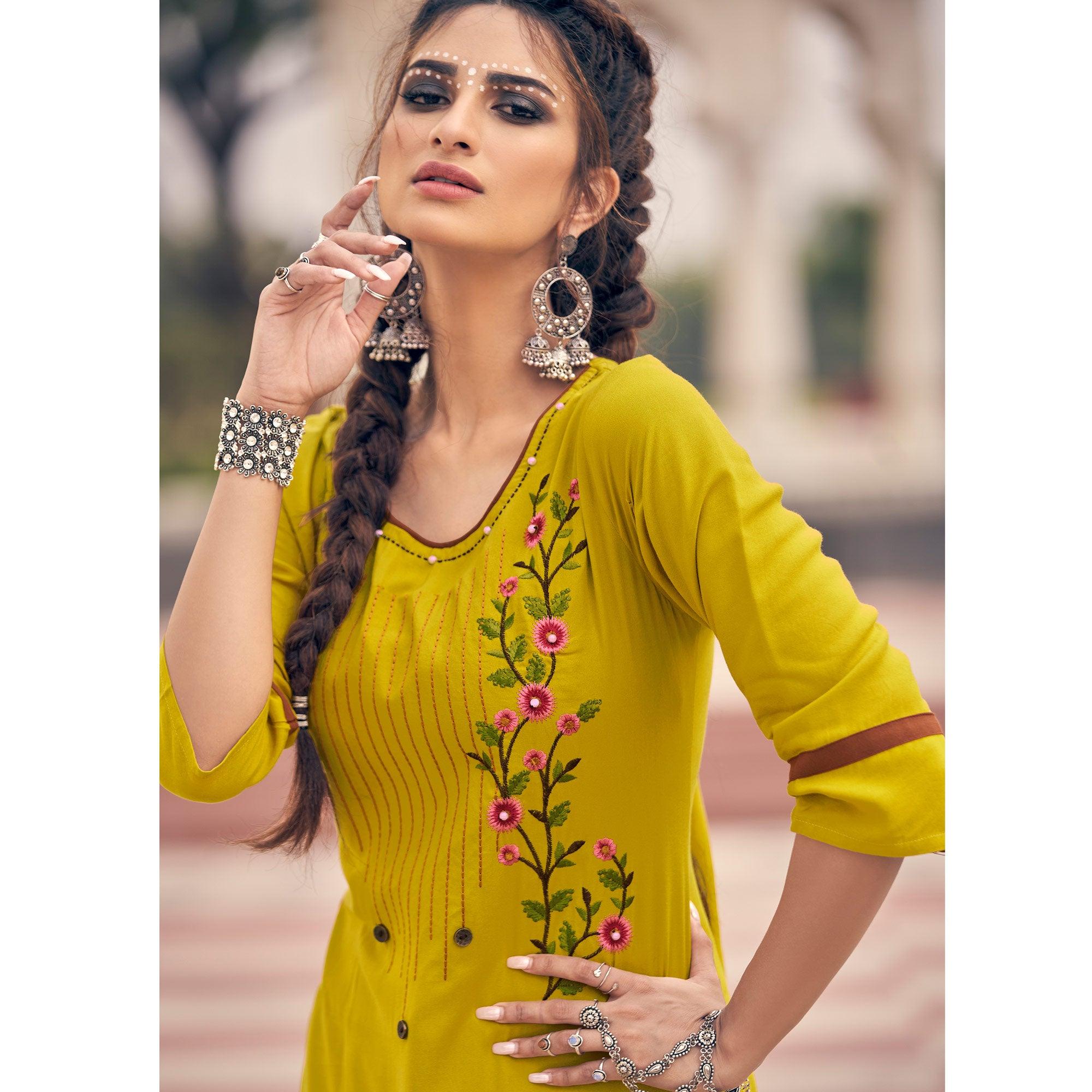 Yellow Casual Wear Embroidered Heavy Rayon Kurti - Palazzo Set - Peachmode