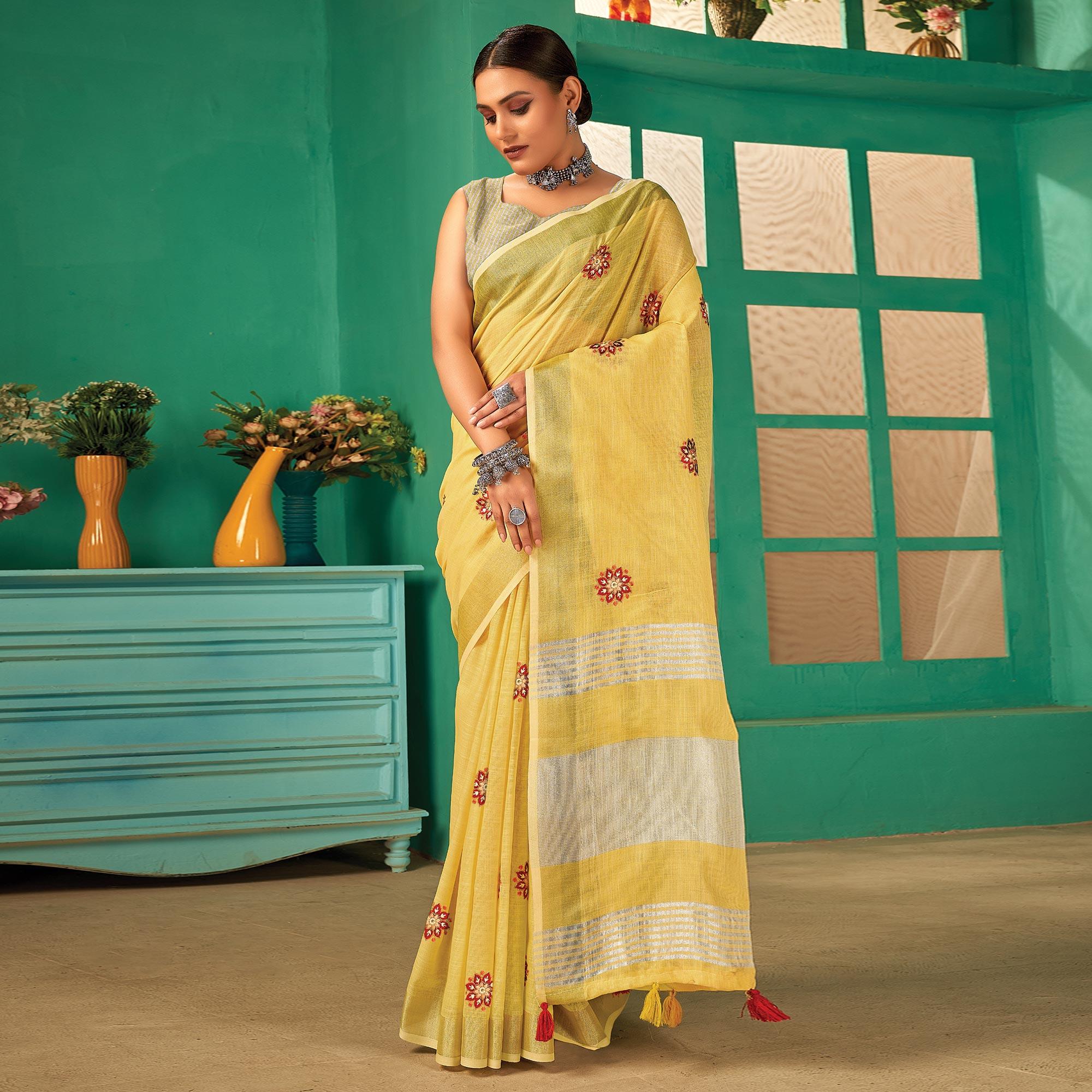 Yellow Casual Wear Embroidered Linen Saree - Peachmode