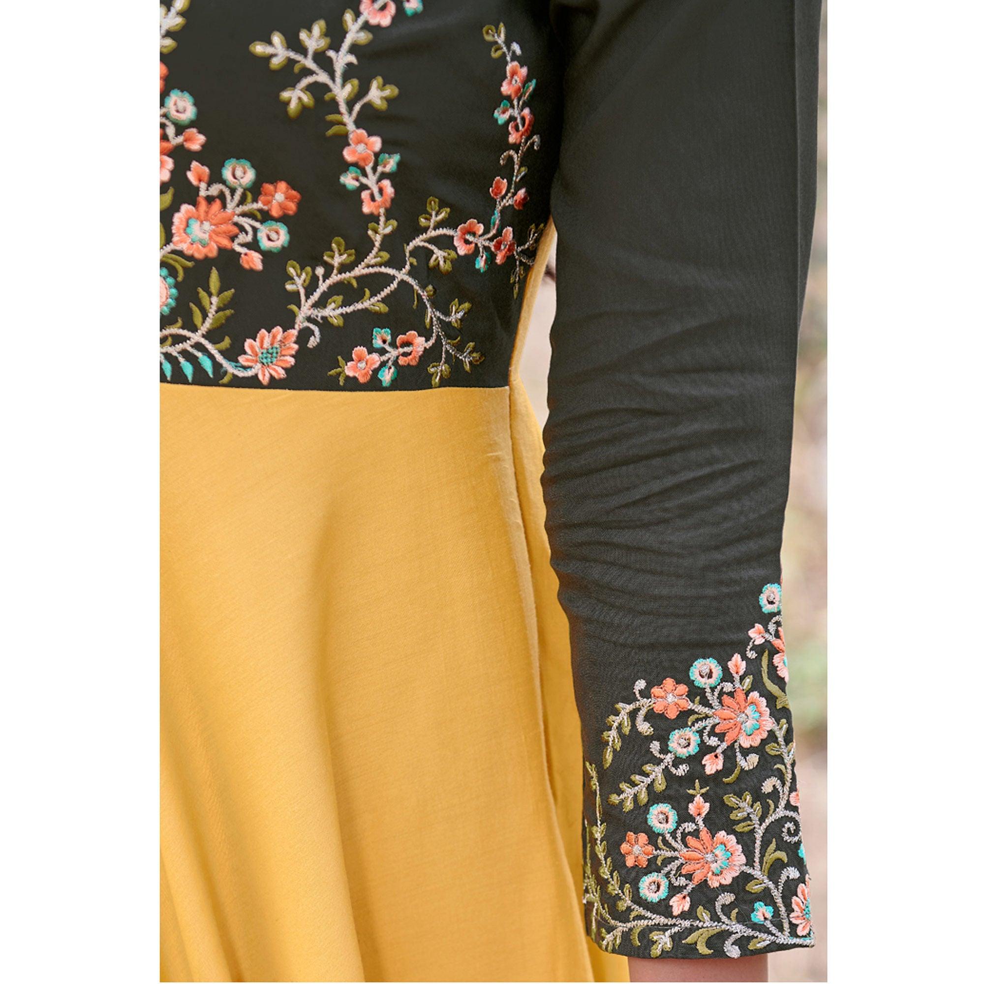 Yellow Casual Wear Embroidered Rayon Gown - Peachmode