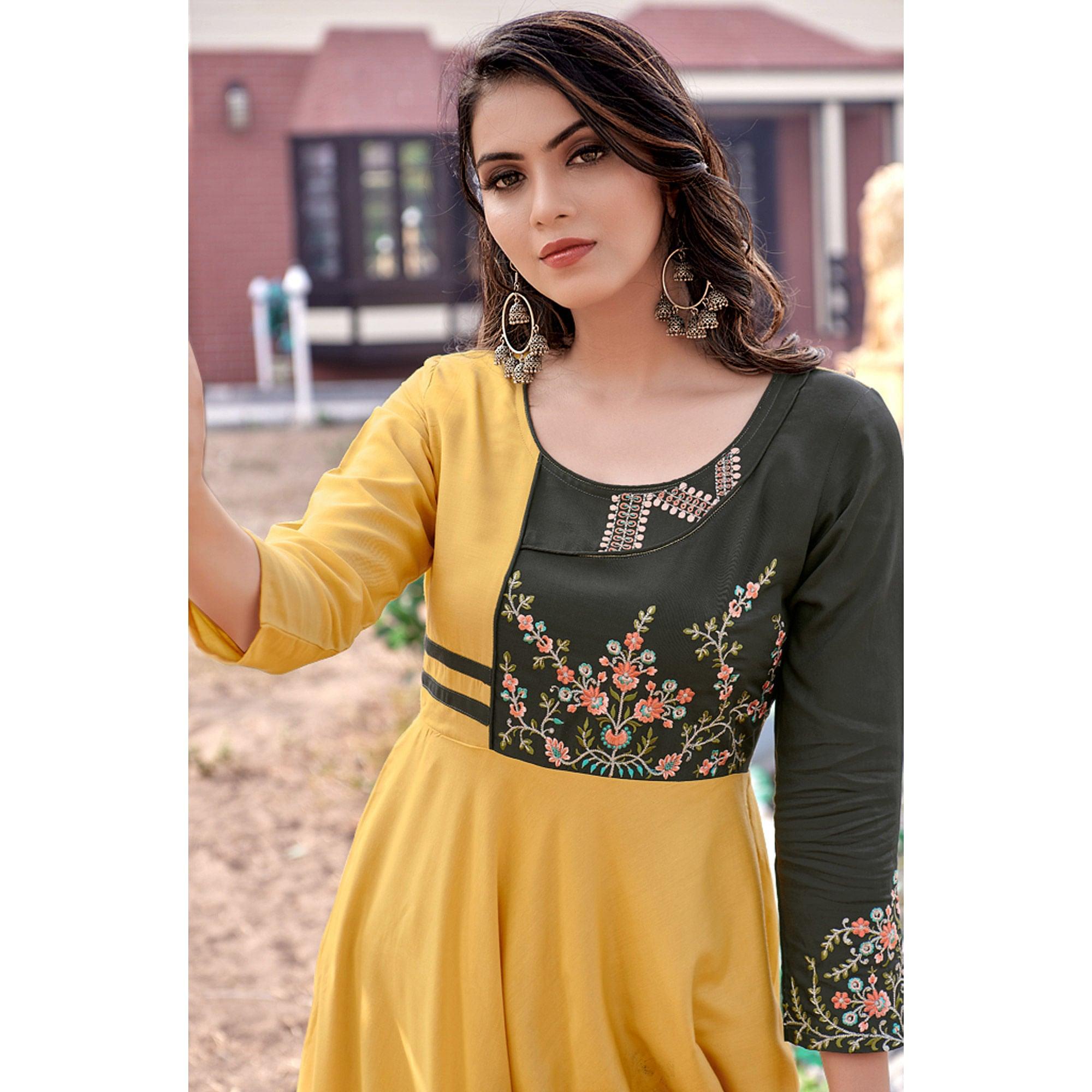 Yellow Casual Wear Embroidered Rayon Gown - Peachmode