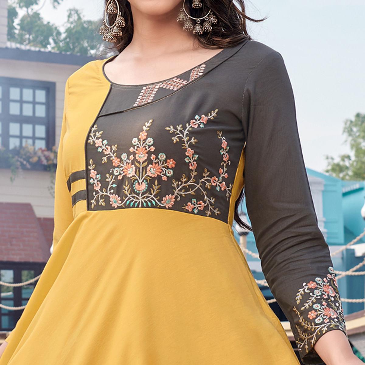 Yellow Casual Wear Embroidered Rayon Gown - Peachmode