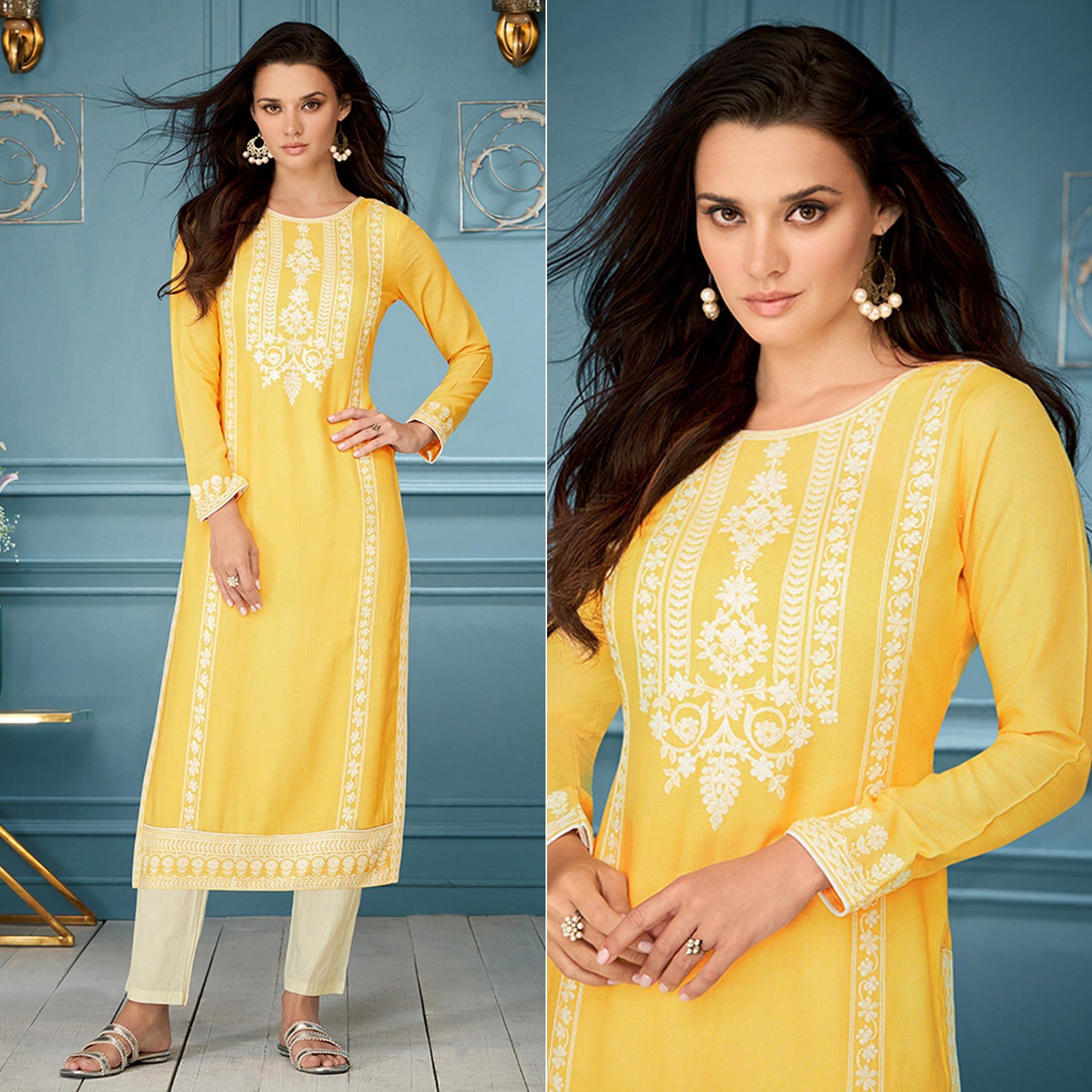 Yellow Casual Wear Embroidered Rayon Kurti - Peachmode
