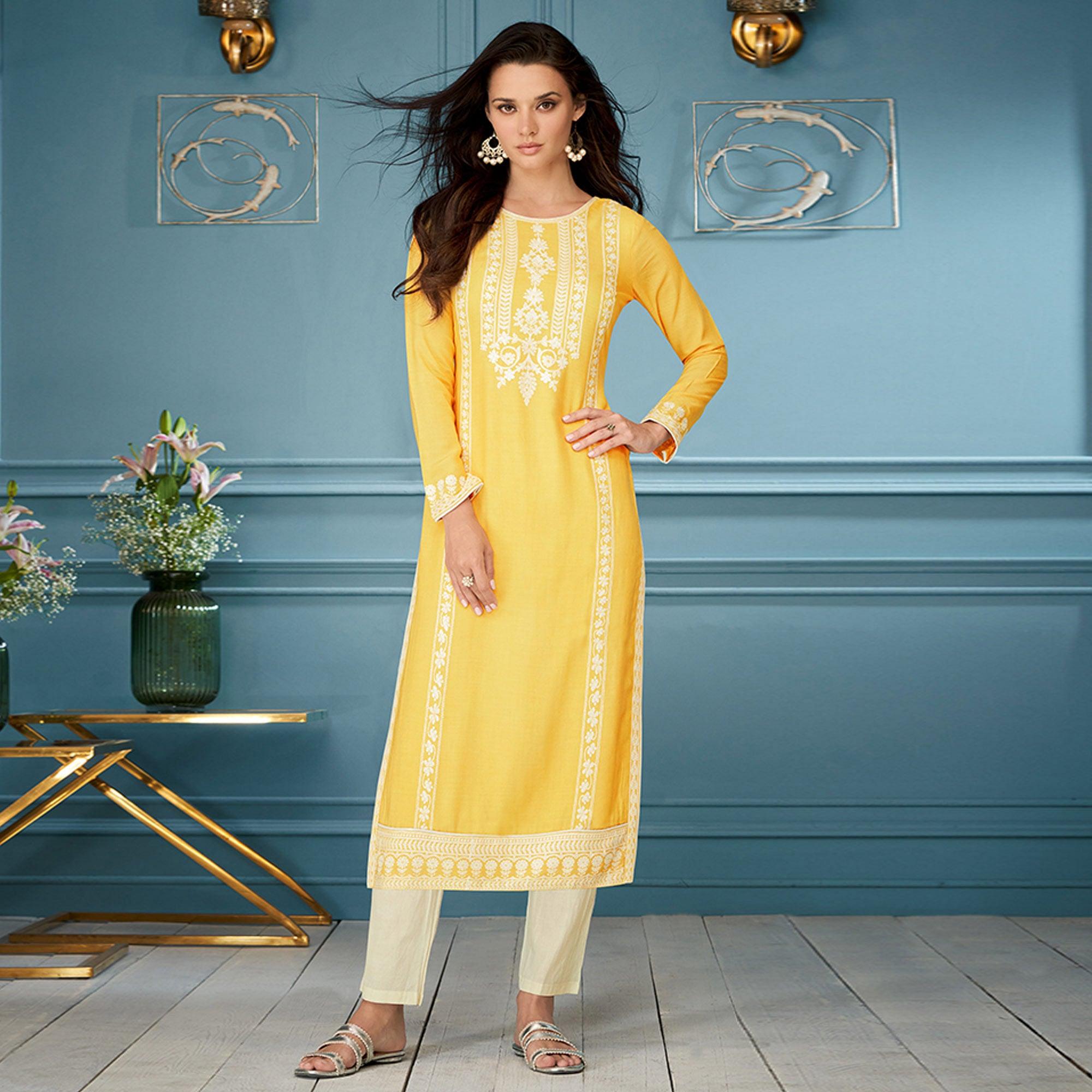 Yellow Casual Wear Embroidered Rayon Kurti - Peachmode