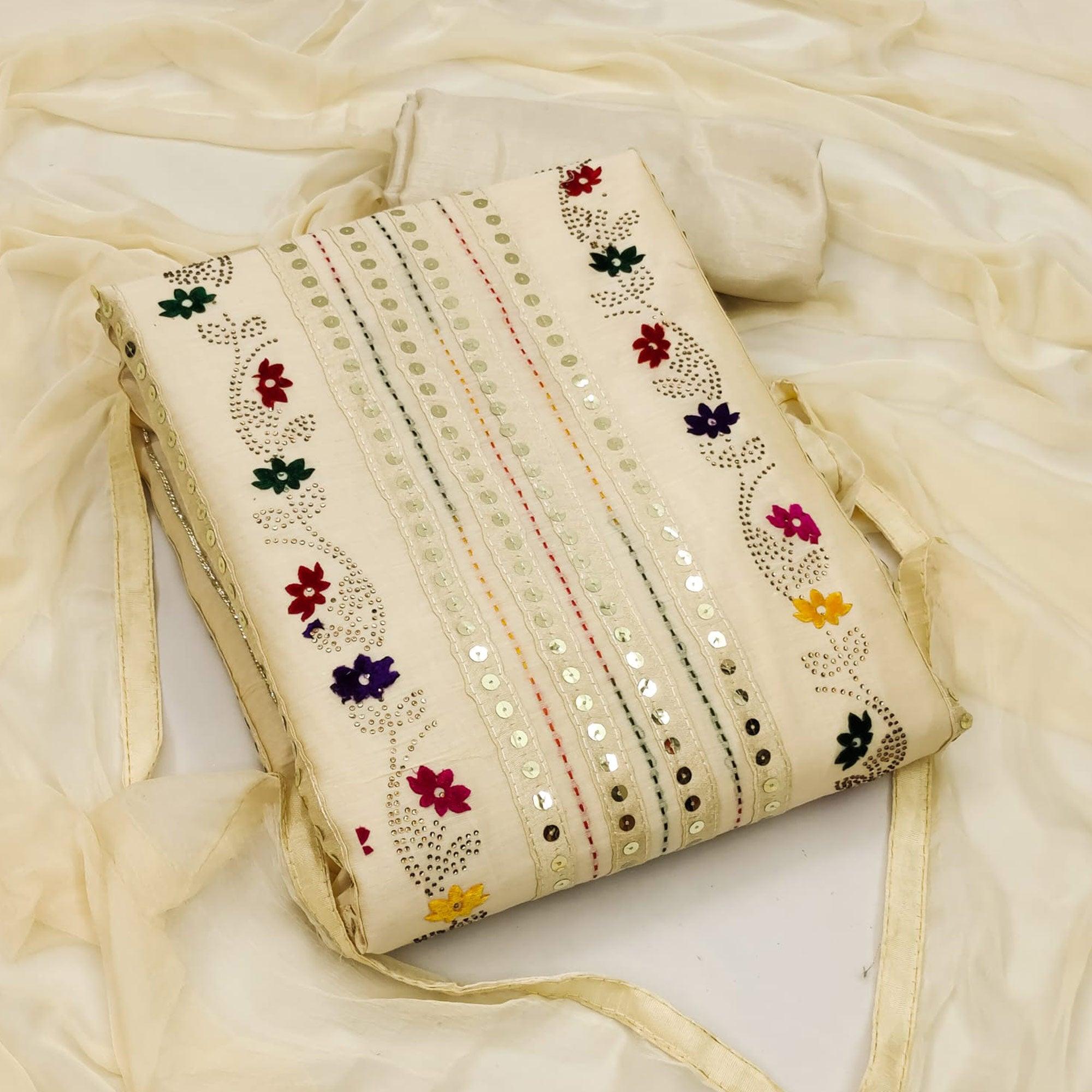 Yellow Casual Wear Embroidered With Embellished Chanderi Modal Dress Material - Peachmode