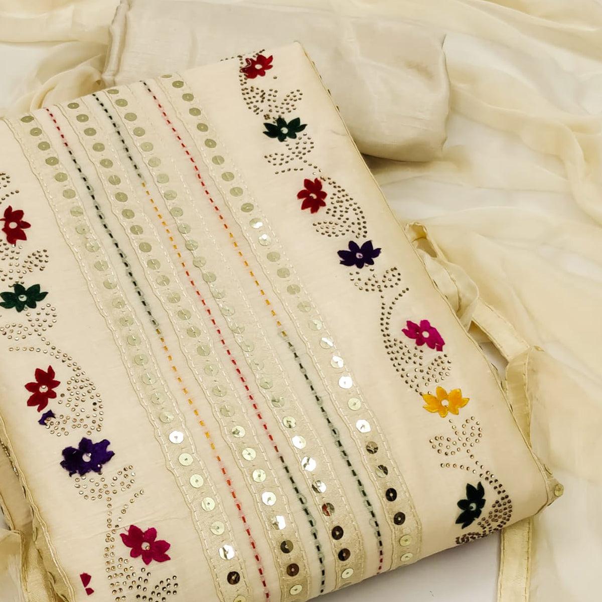 Yellow Casual Wear Embroidered With Embellished Chanderi Modal Dress Material - Peachmode