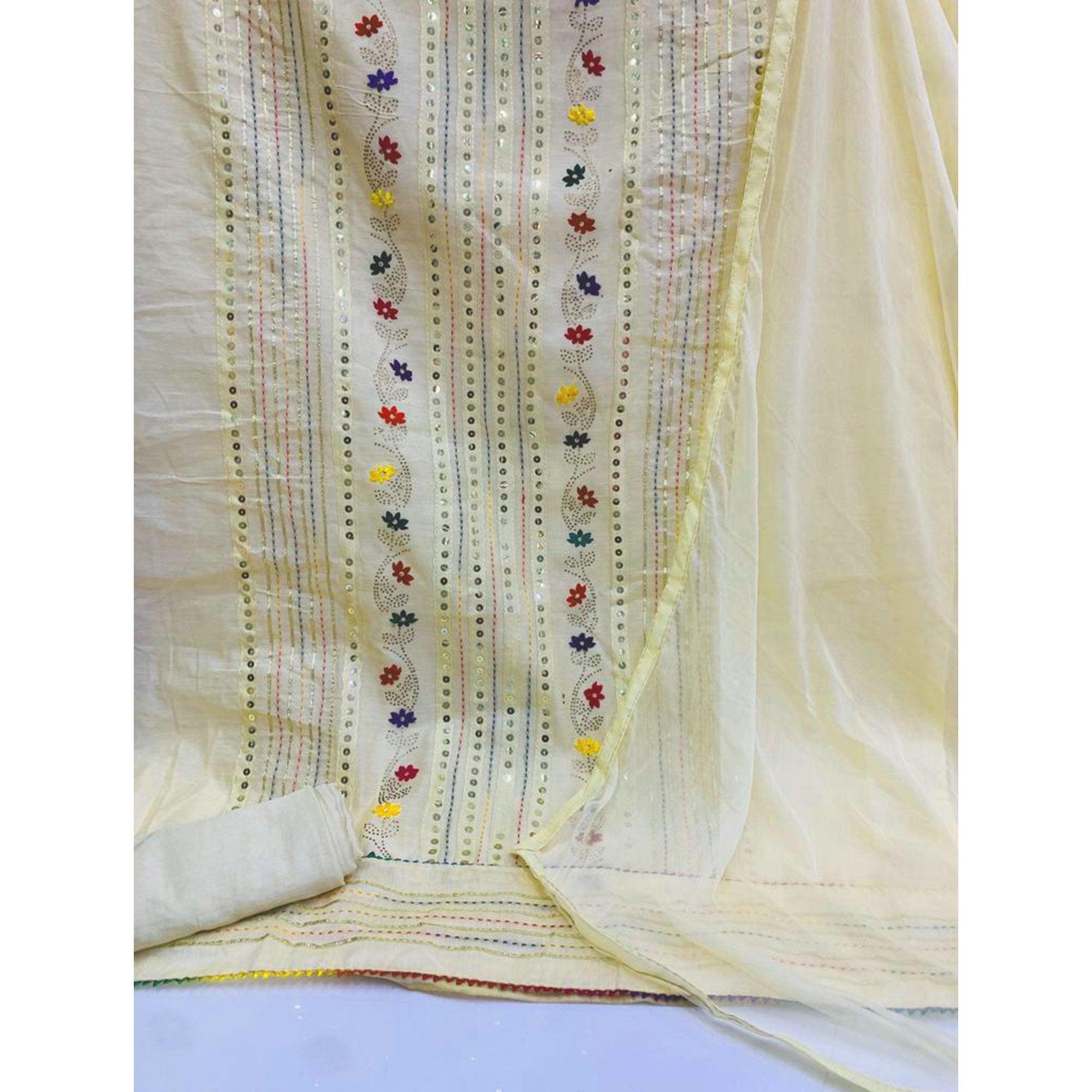 Yellow Casual Wear Embroidered With Embellished Chanderi Modal Dress Material - Peachmode