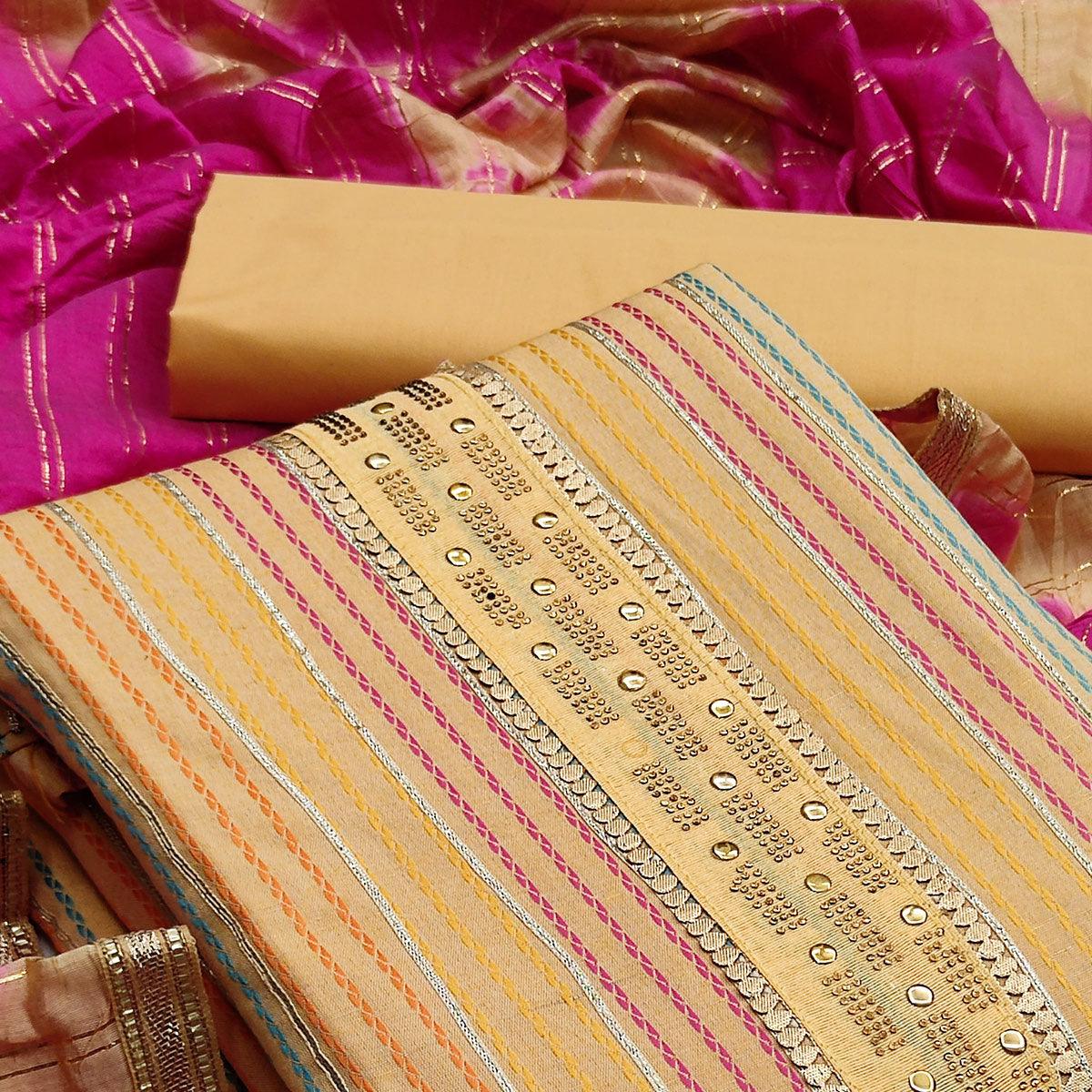 Yellow Casual Wear Embroidery With Hand Work Premium Pure Cotton Dress Material - Peachmode