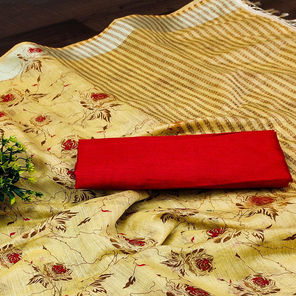 Yellow Casual Wear Floral Block Printed Cotton Blend Saree - Peachmode