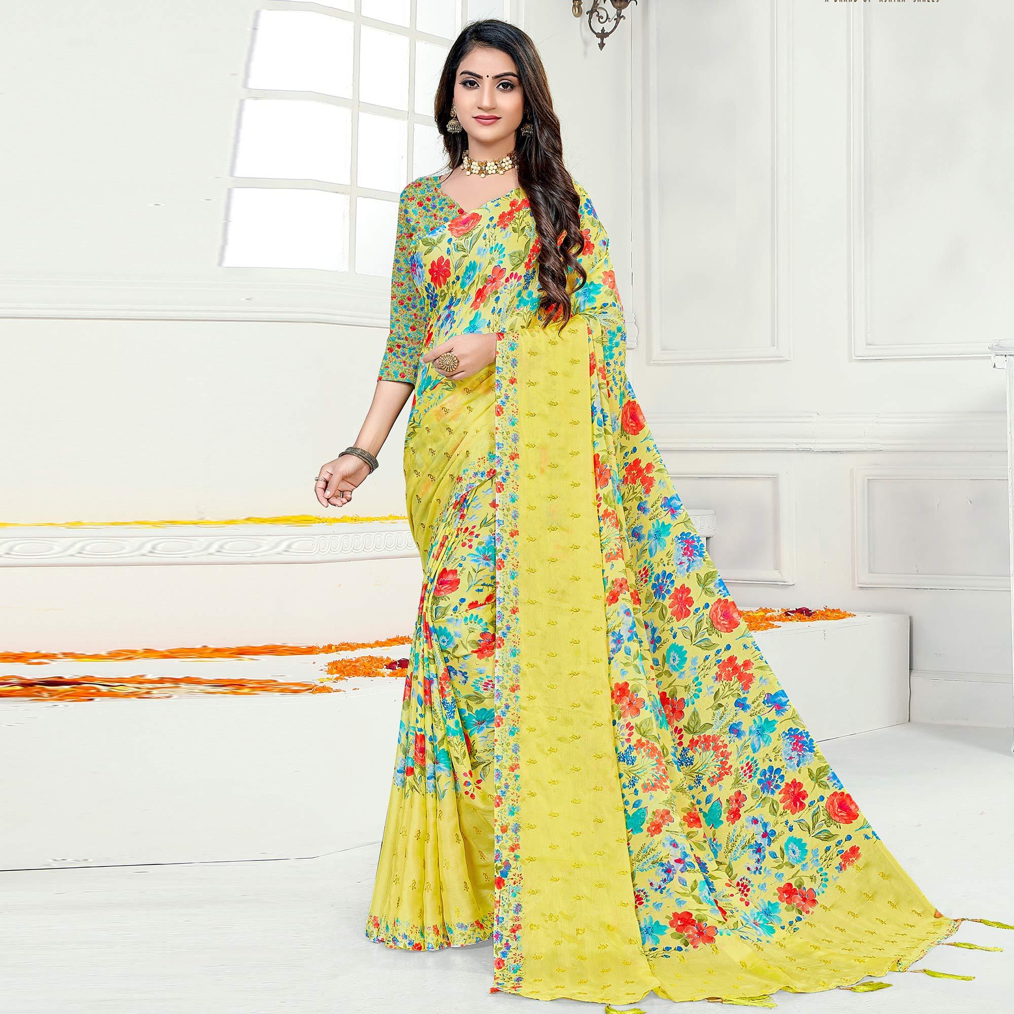 Yellow Casual Wear Floral Digital Printed Chiffon Saree - Peachmode