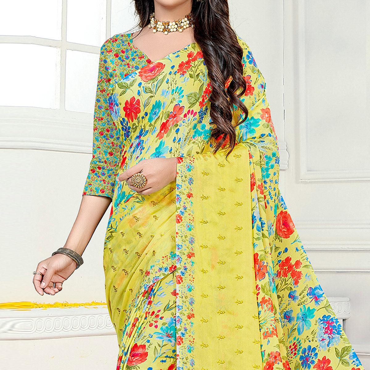 Yellow Casual Wear Floral Digital Printed Chiffon Saree - Peachmode