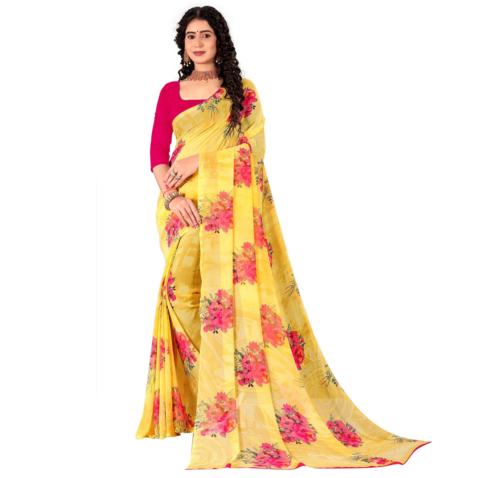 Yellow Casual Wear Floral Digital Printed Georgette Saree - Peachmode