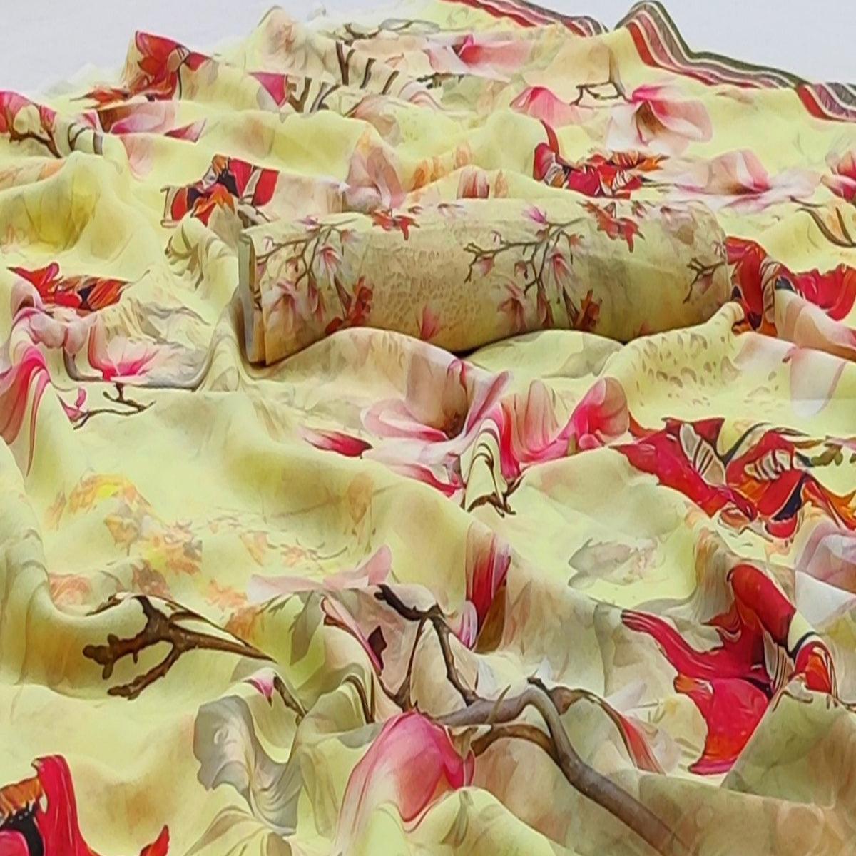 Yellow Casual Wear Floral Digital Printed Georgette Saree - Peachmode
