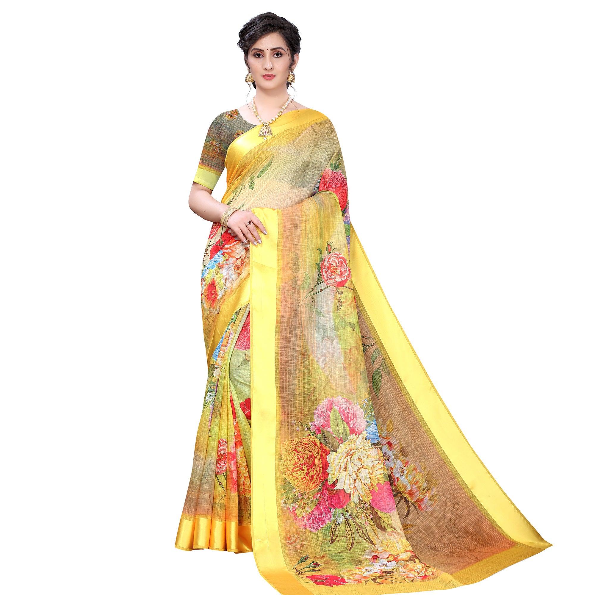 Yellow Casual Wear Floral Digital Printed Linen Slub saree - Peachmode