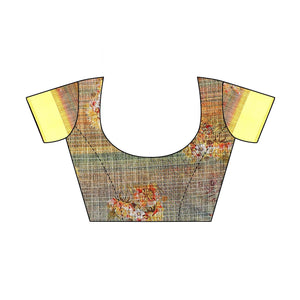 Yellow Casual Wear Floral Digital Printed Linen Slub saree - Peachmode