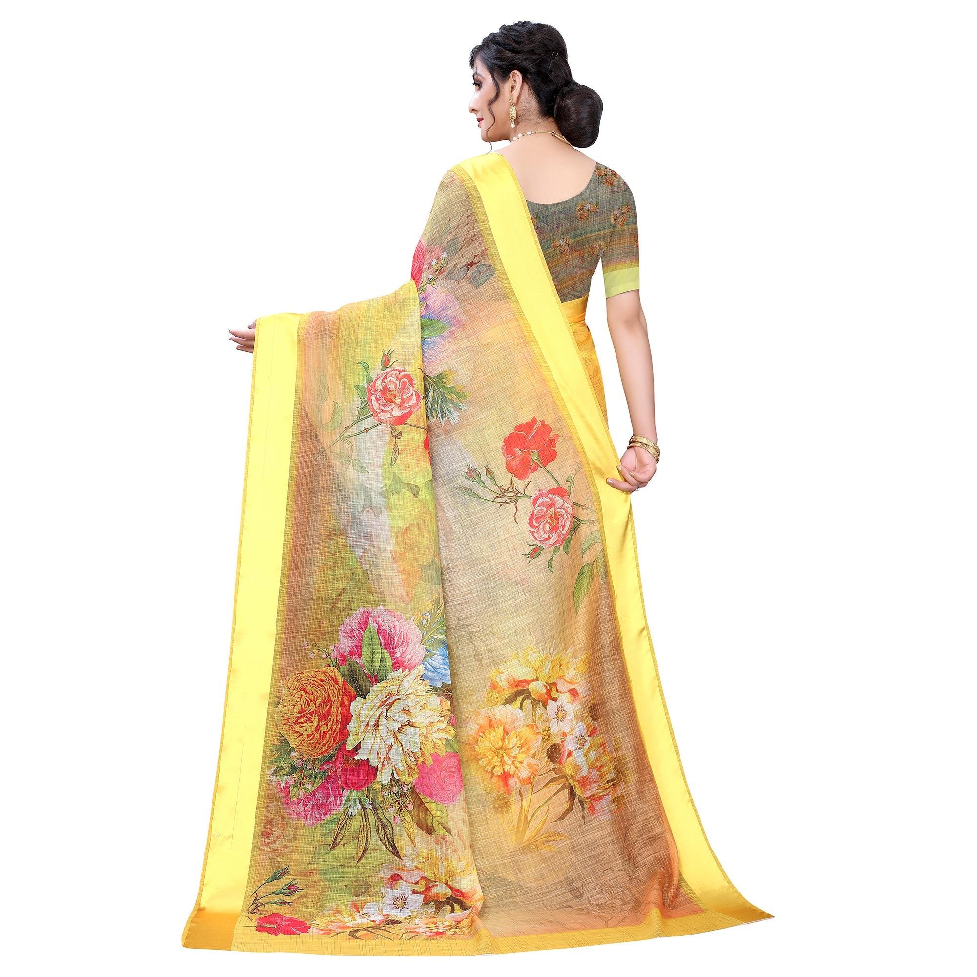 Yellow Casual Wear Floral Digital Printed Linen Slub saree - Peachmode