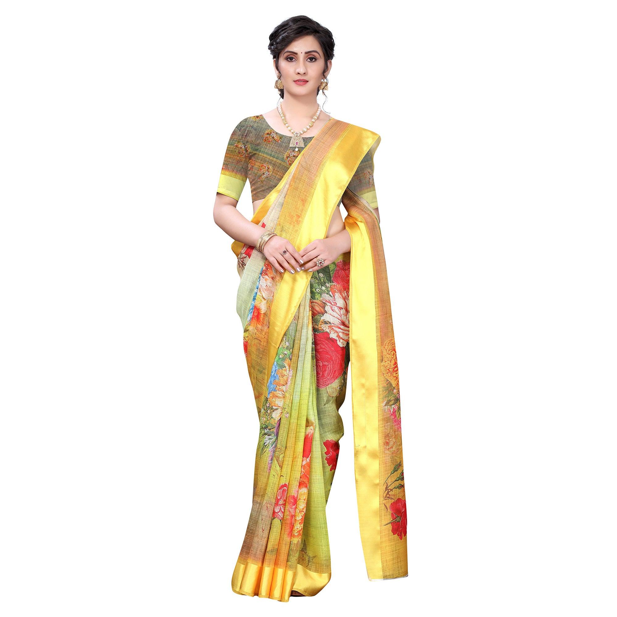 Yellow Casual Wear Floral Digital Printed Linen Slub saree - Peachmode