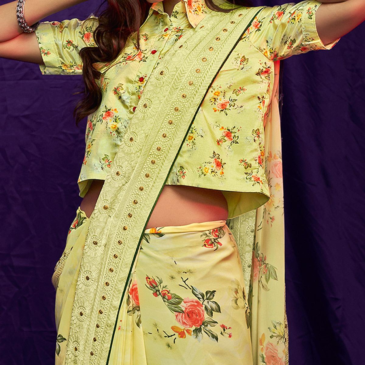 Yellow Casual Wear Floral Digital Printed Pure Georgette Saree - Peachmode