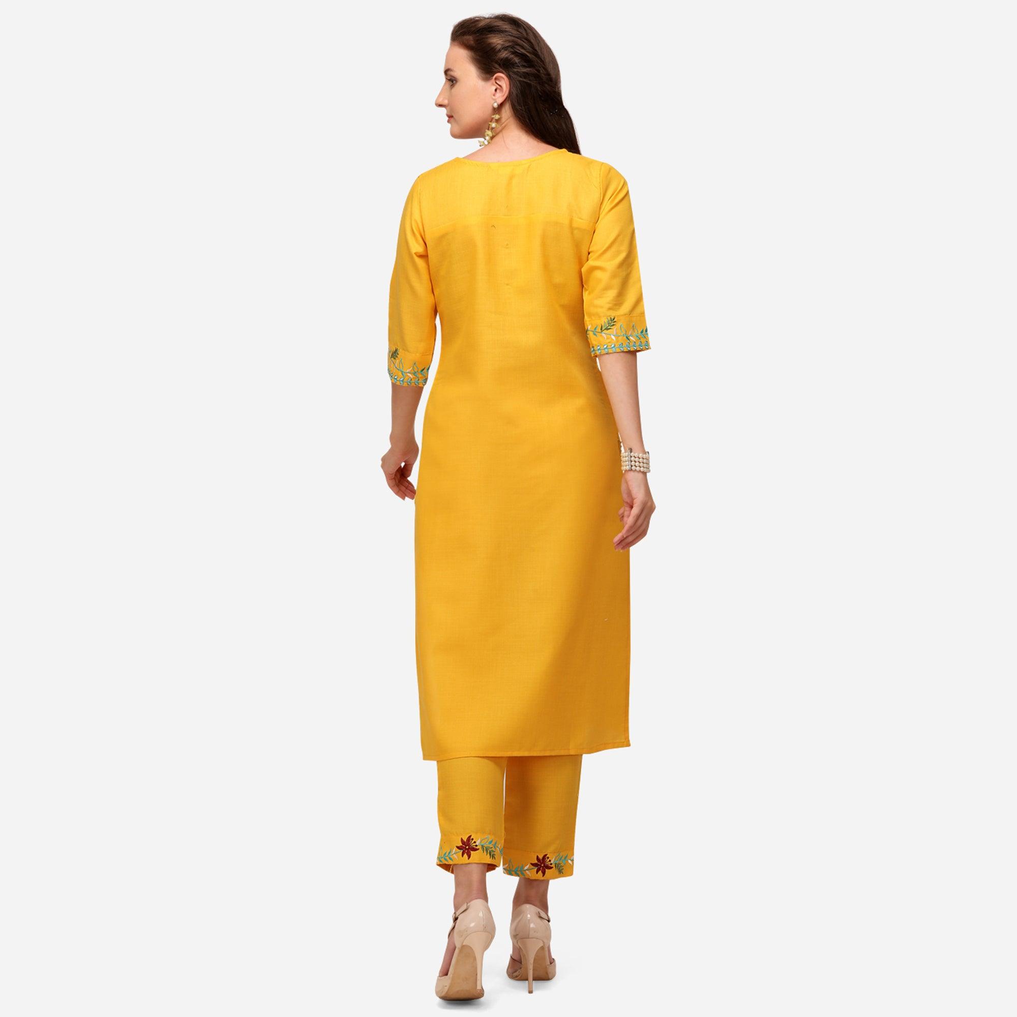 Yellow Casual Wear Floral Embroidered Cotton Kurti Pant Set - Peachmode