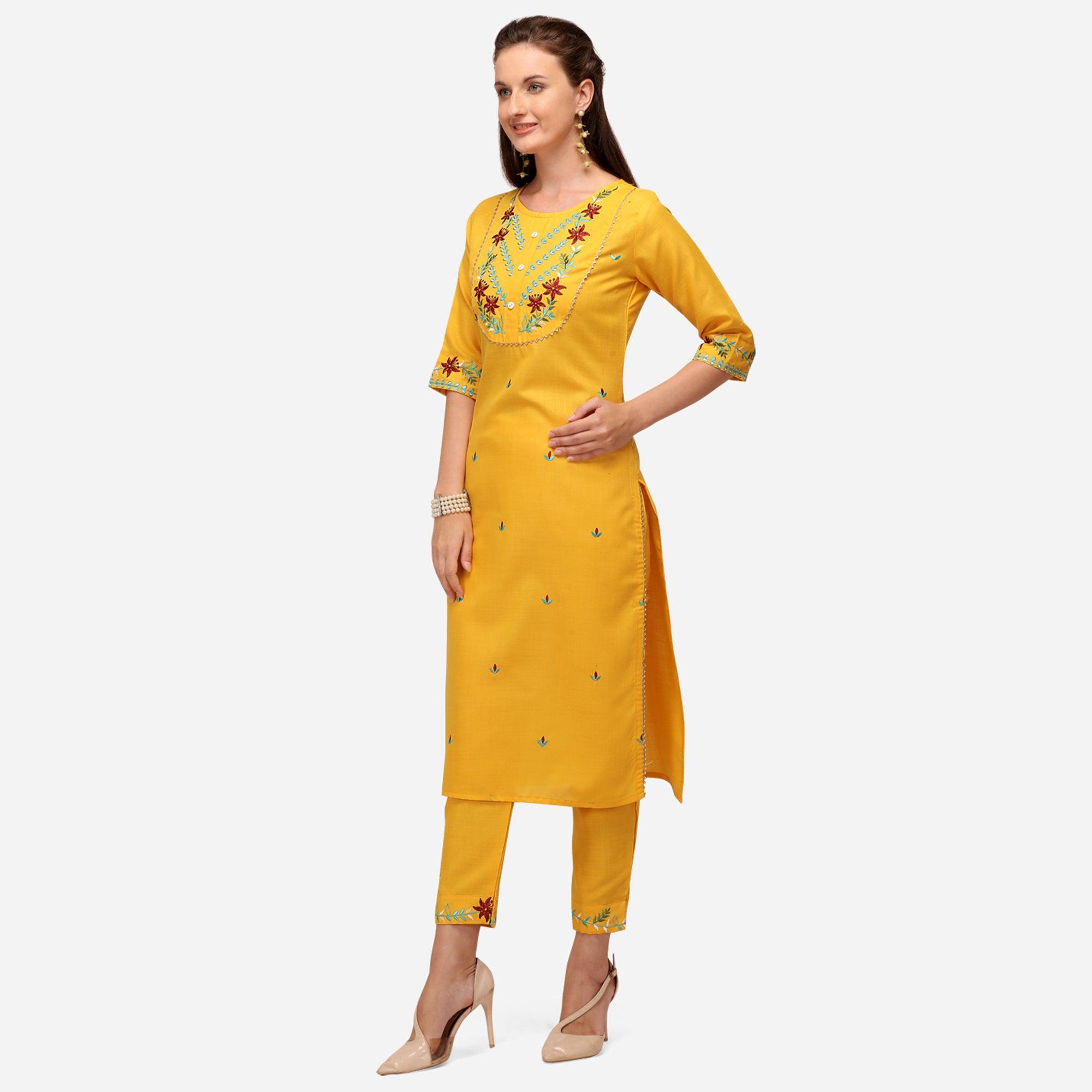 Yellow Casual Wear Floral Embroidered Cotton Kurti Pant Set - Peachmode
