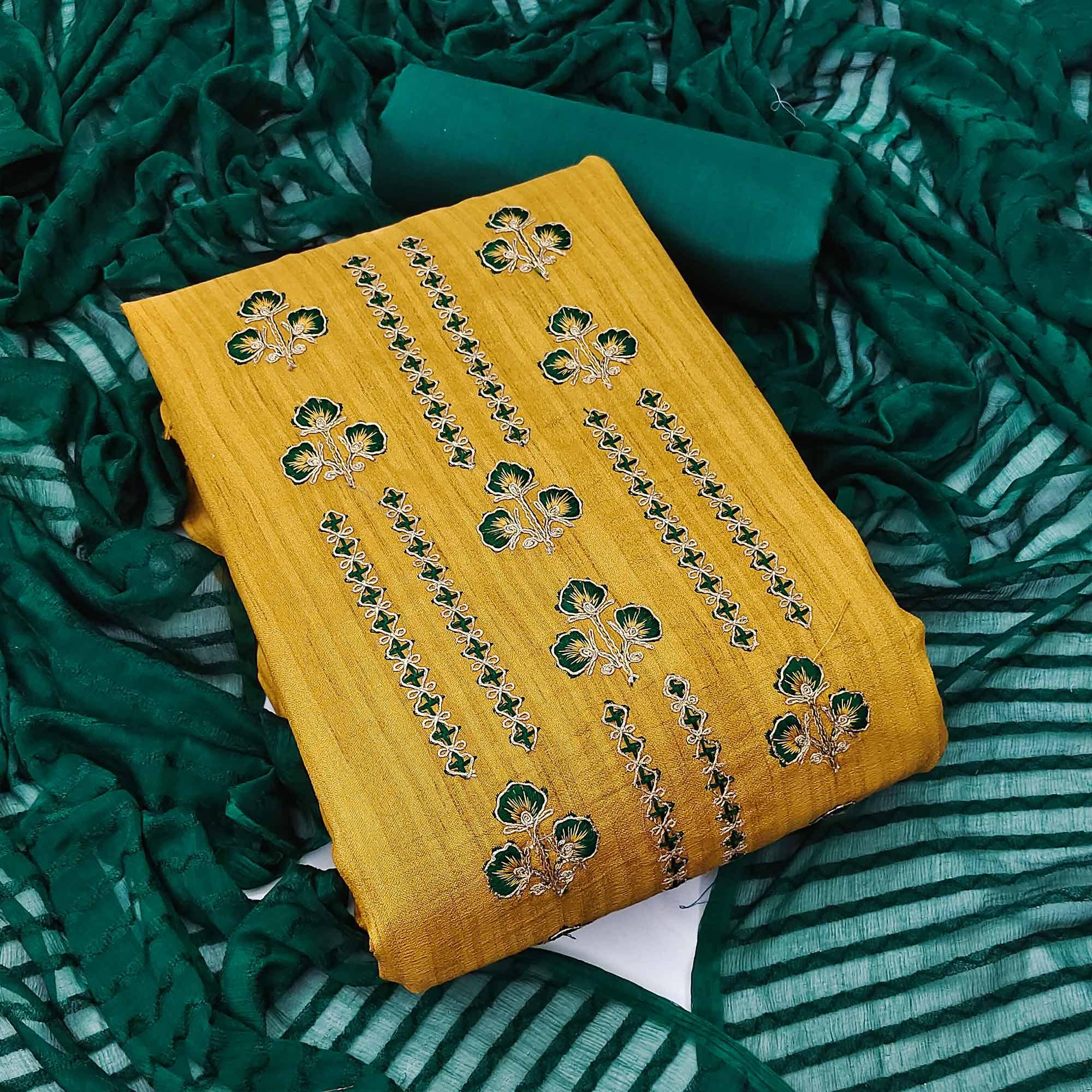 Yellow Casual Wear Floral Embroidered Cotton Silk Dress Material - Peachmode