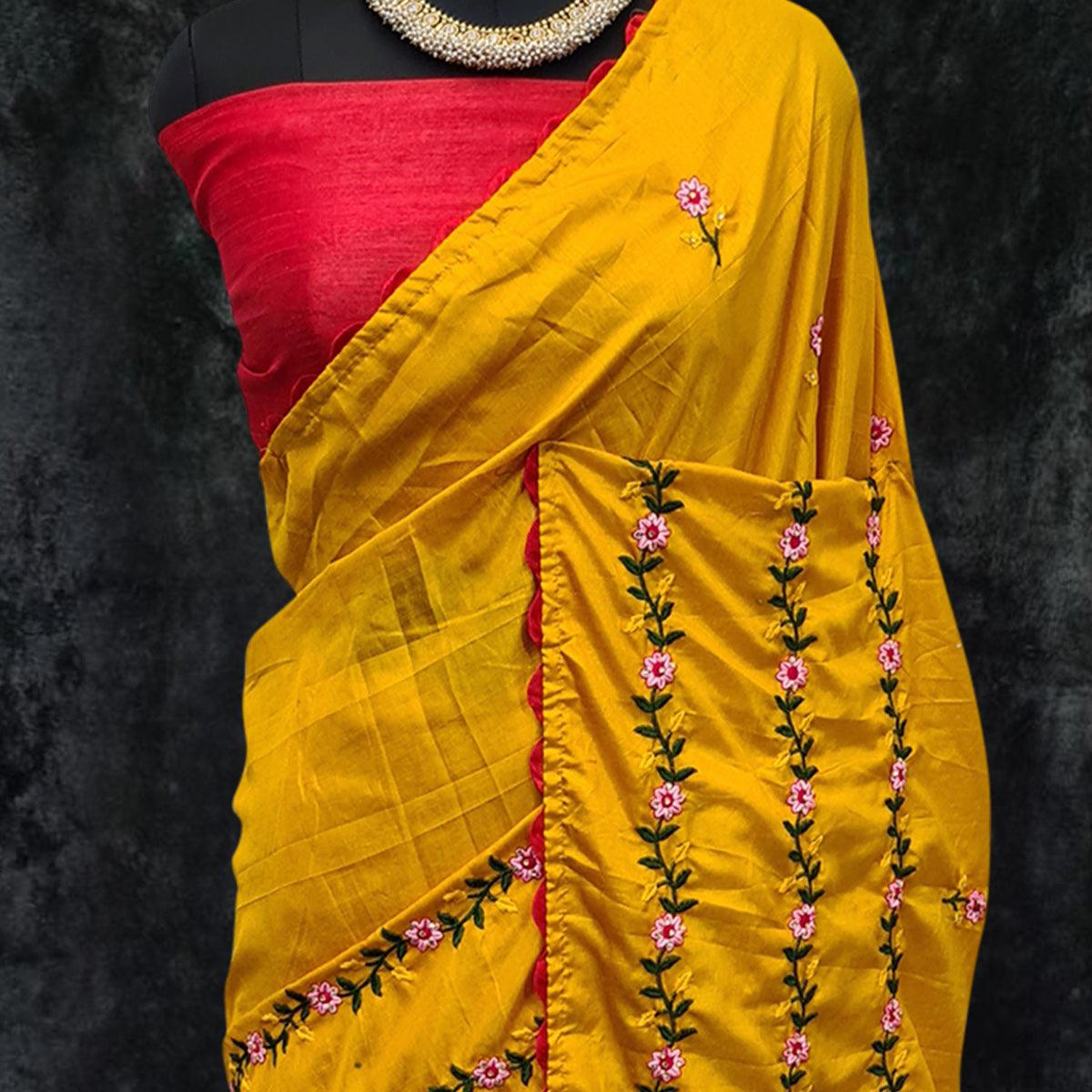 Yellow Casual Wear Floral Embroidered Dola Silk Saree - Peachmode