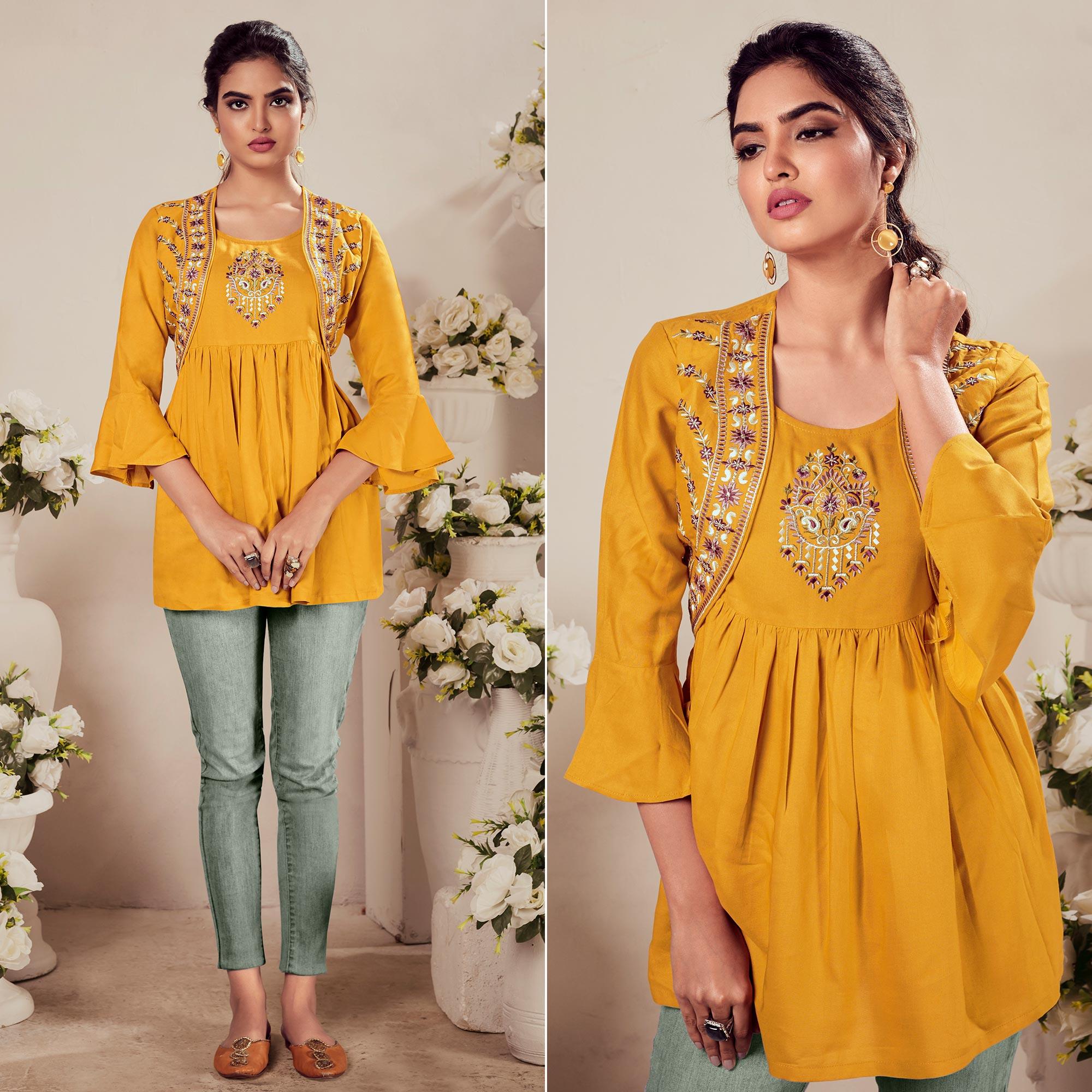 Yellow Casual Wear Floral Embroidered Rayon Top - Peachmode