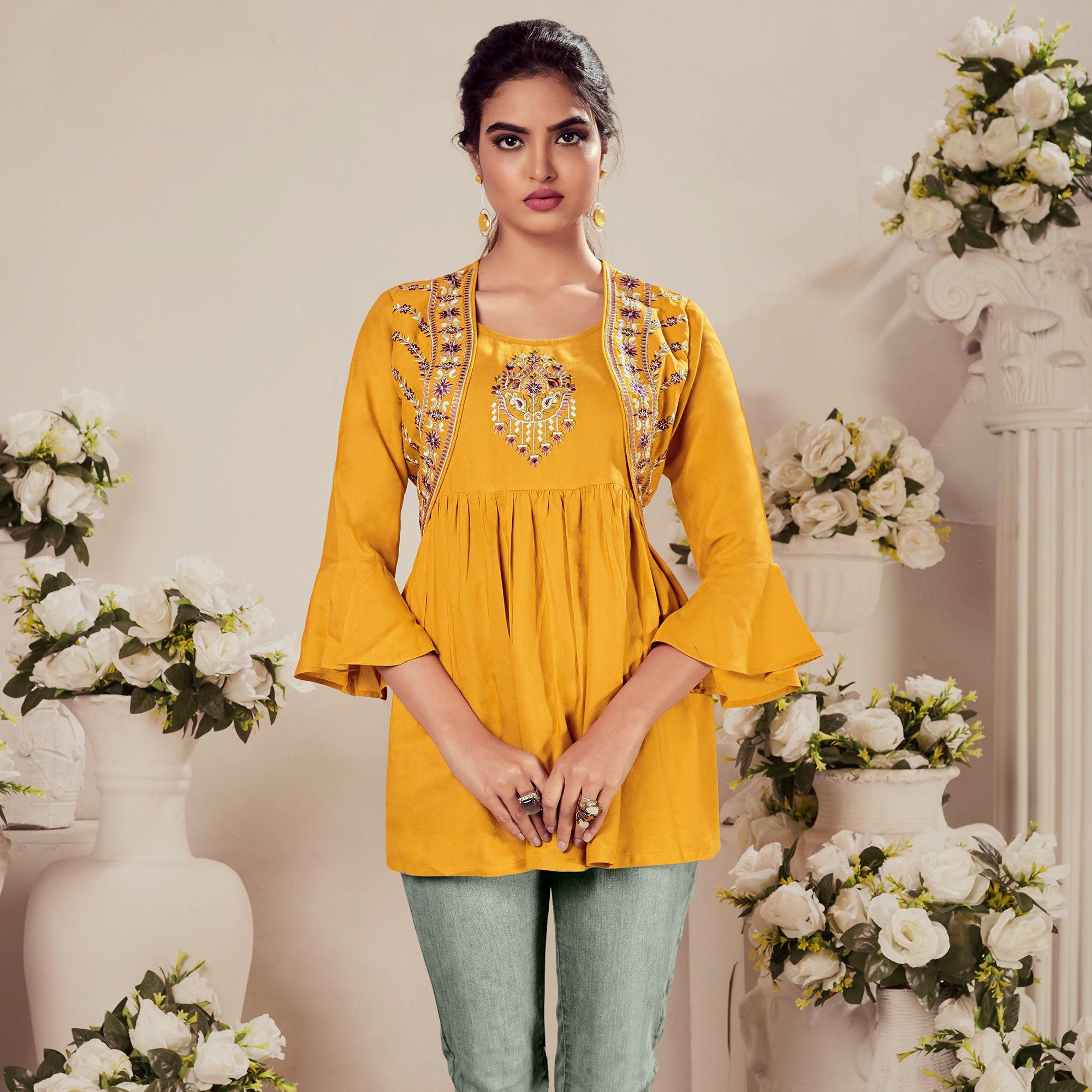 Yellow Casual Wear Floral Embroidered Rayon Top - Peachmode