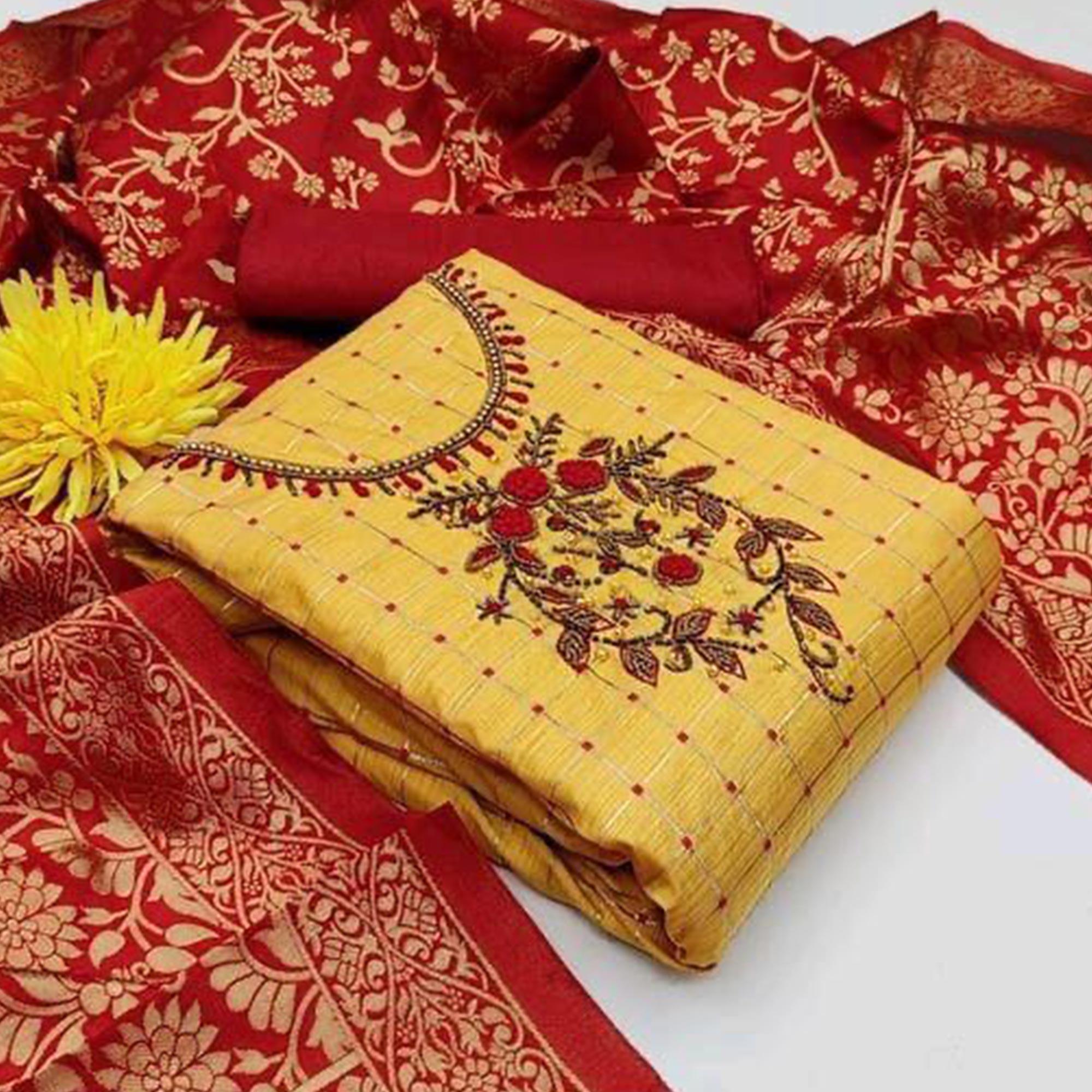 Yellow Casual Wear Floral Embroidered With Checks Banarasi Silk Dress Material - Peachmode