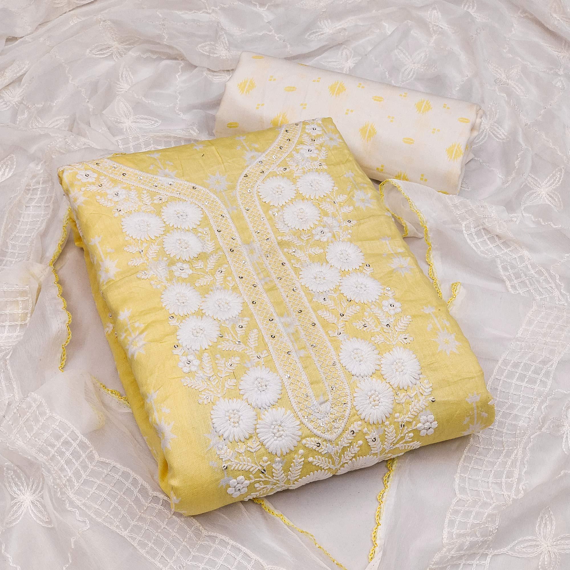 Yellow Casual Wear Floral Embroidered With Print Cotton Dress Material - Peachmode