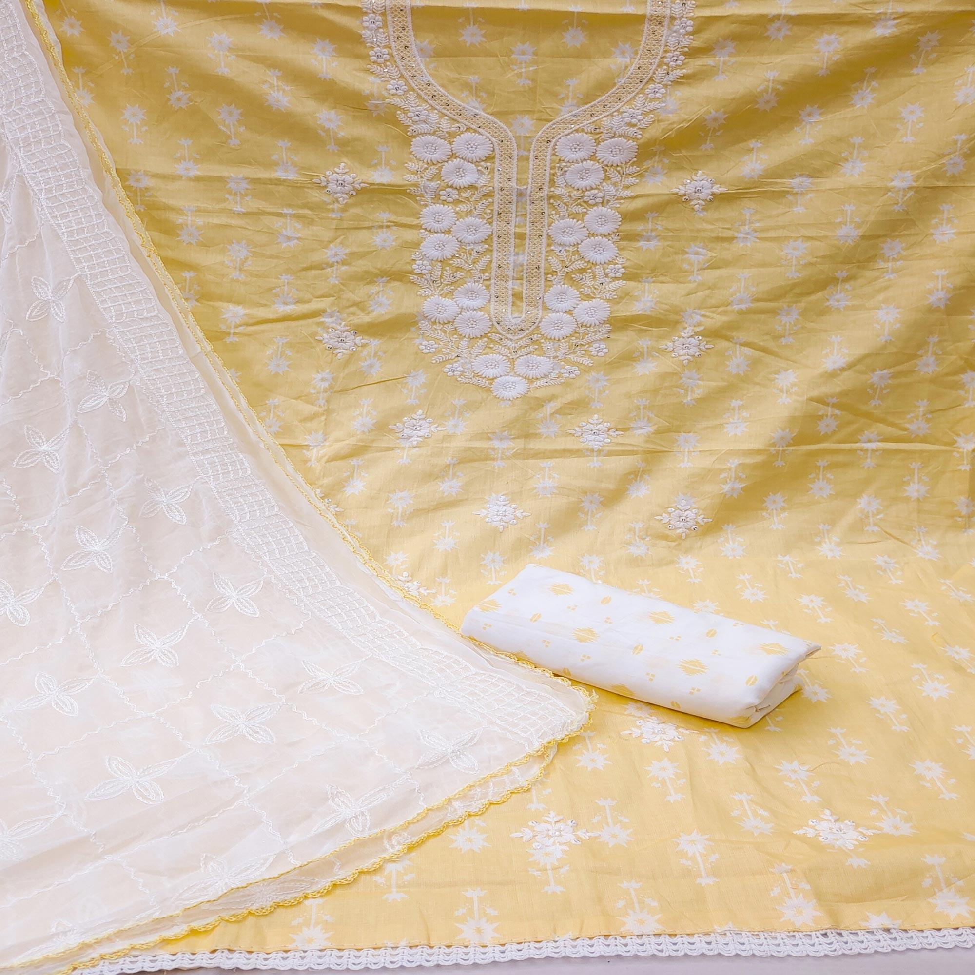 Yellow Casual Wear Floral Embroidered With Print Cotton Dress Material - Peachmode