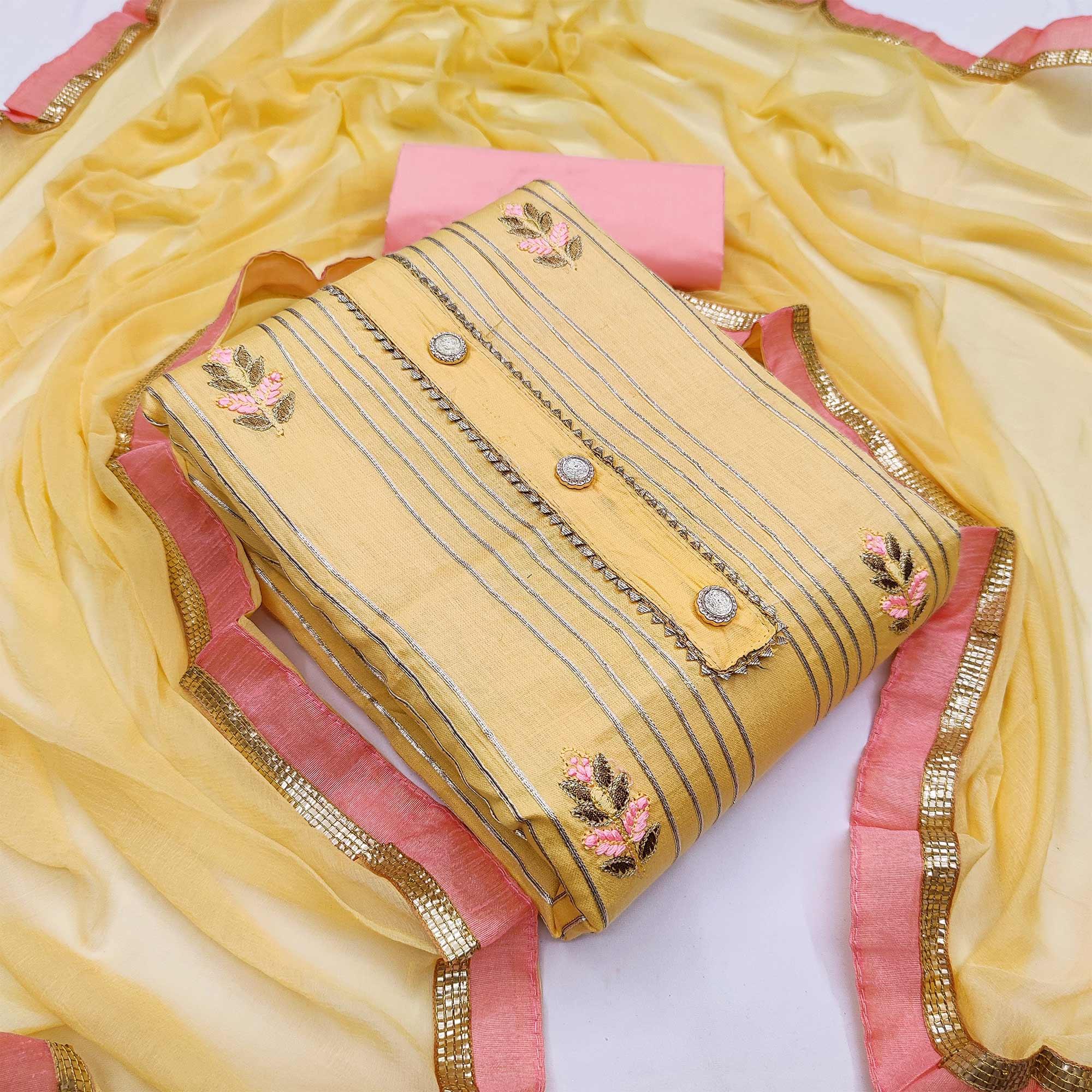 Yellow Casual Wear Floral Embroidery With Hand Work Cotton Dress Material - Peachmode