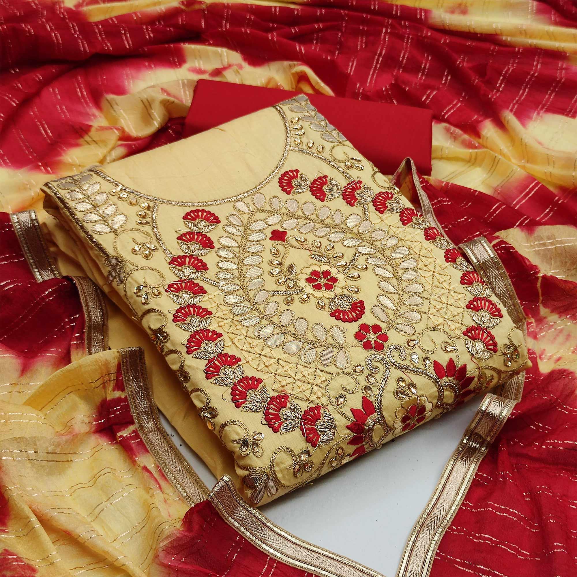 Yellow Casual Wear Floral Embroidery With Hand Work Cotton Dress Material - Peachmode