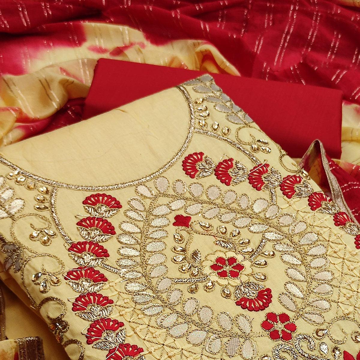 Yellow Casual Wear Floral Embroidery With Hand Work Cotton Dress Material - Peachmode