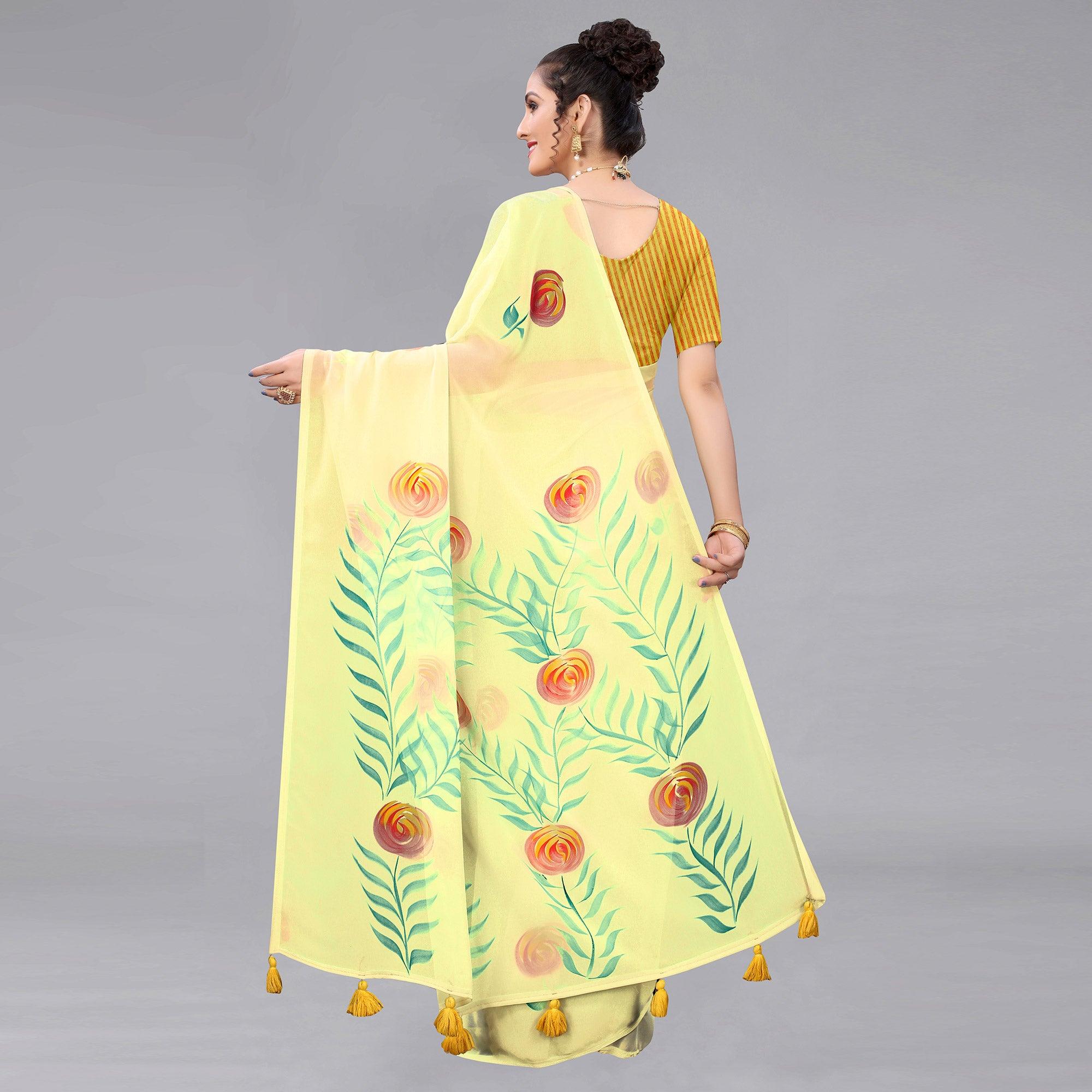 Yellow Casual Wear Floral Hand Printed Georgette Saree - Peachmode